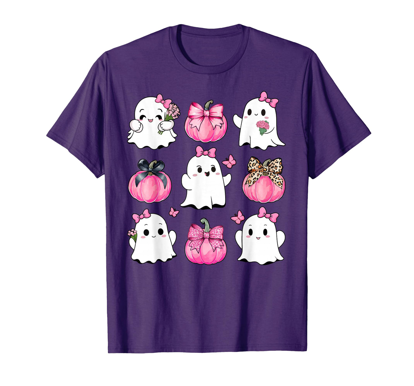 Cute Ghost Florals Pink Coquette Bows Pumpkins Halloween T-Shirt