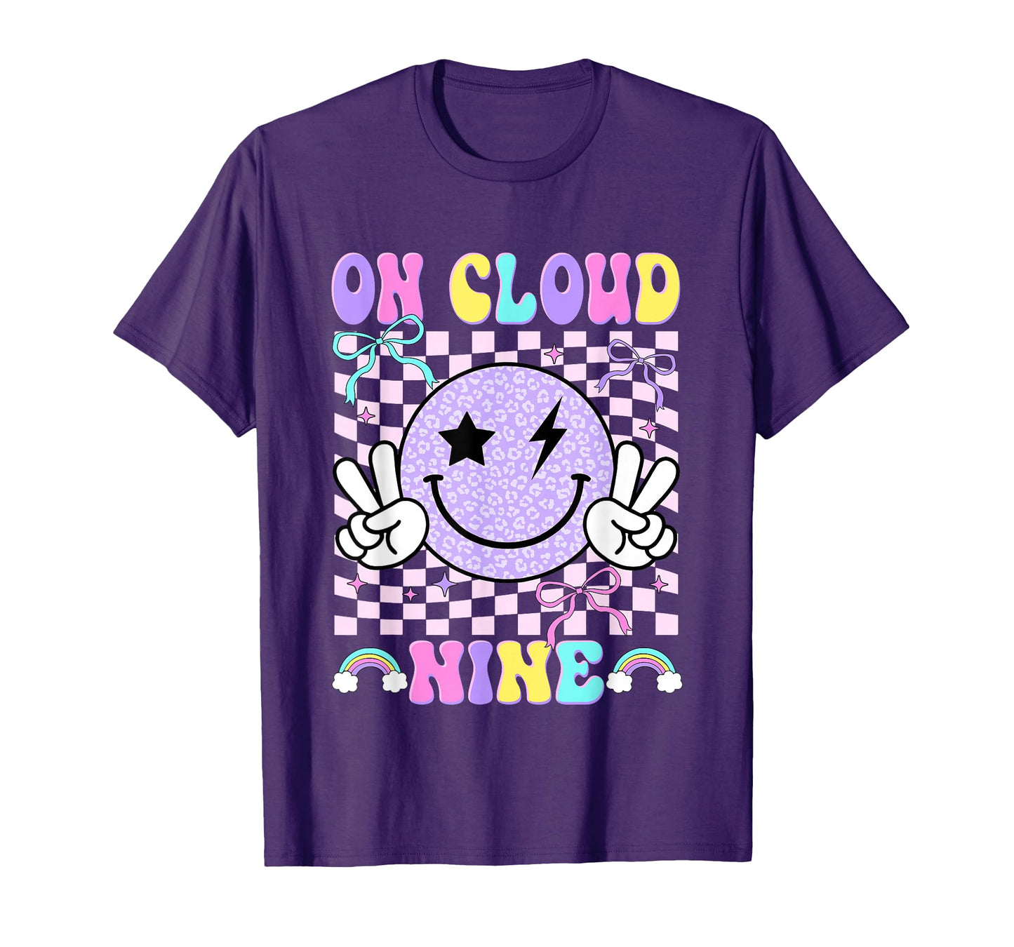 On-Cloud Nine Checkered Smile Face Coquette 9th Birthday Kid T-Shirt