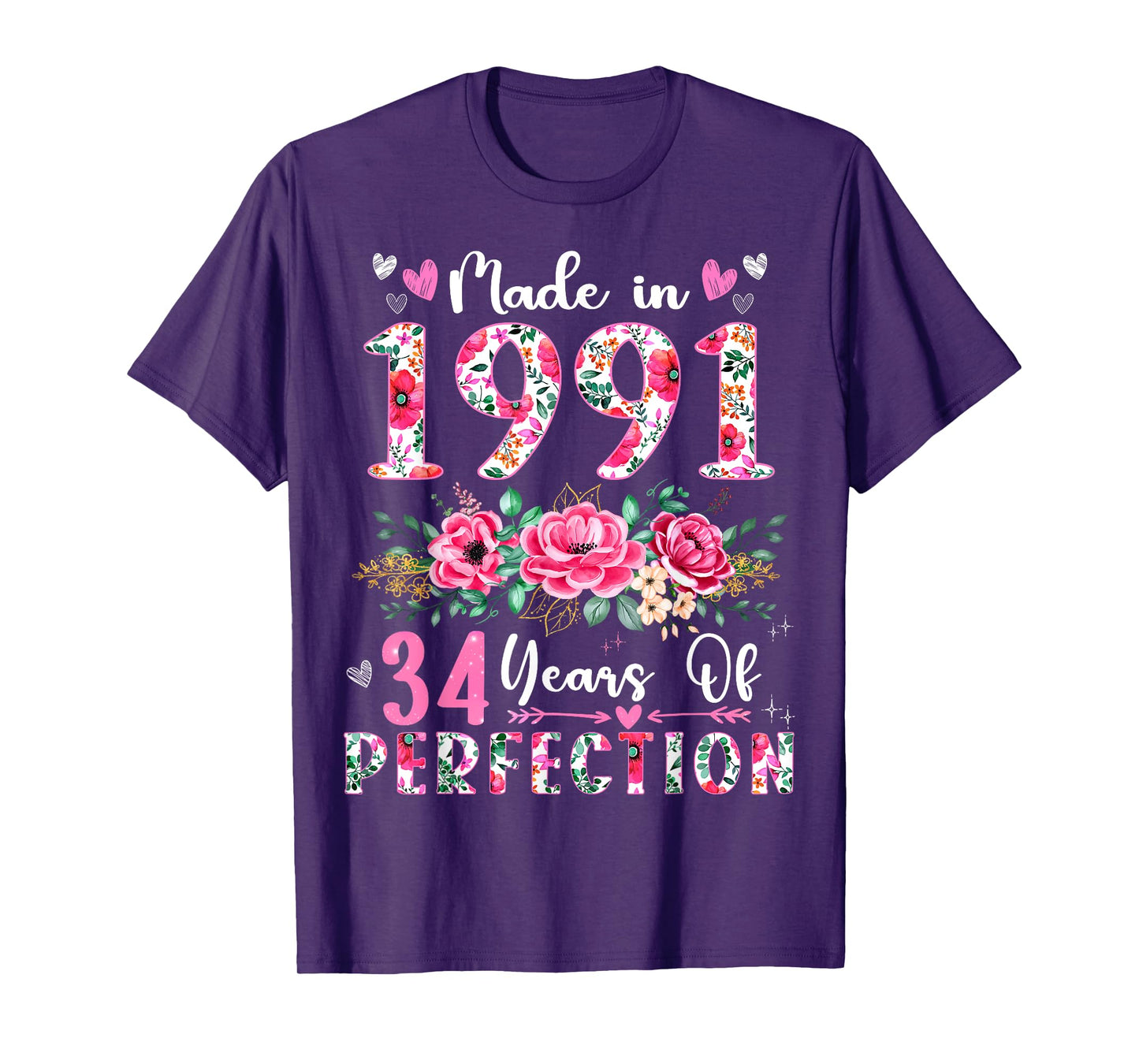 34 Year Old Made In 1991 Floral 34th Birthday Women T-Shirt