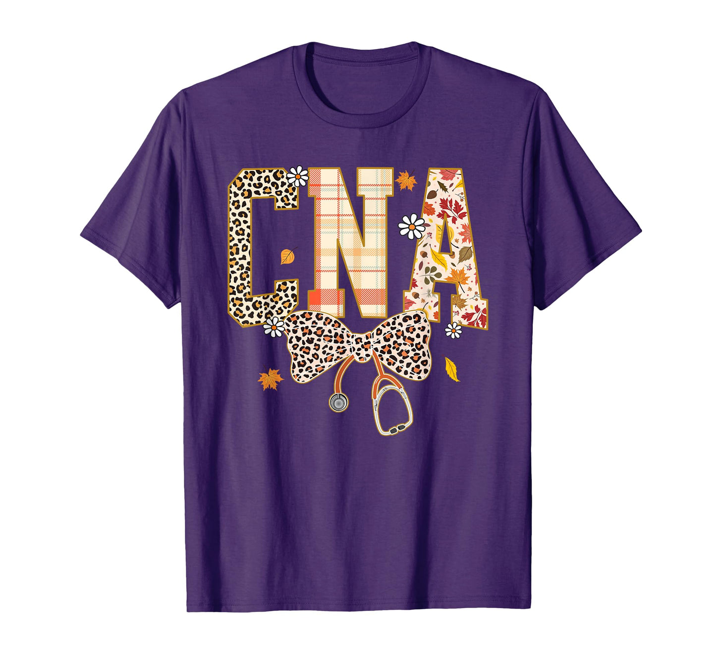 CNA Fall Plaid Leopard Bow Stethoscope T-Shirt