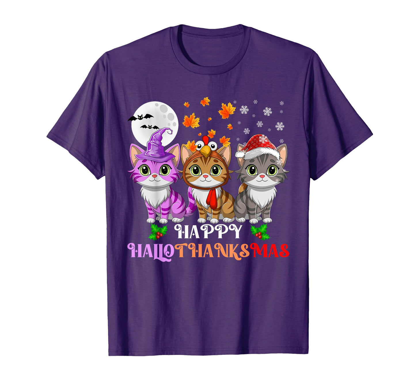 Happy HalloThanksMas Cats Halloween Thanksgiving Christmas T-Shirt