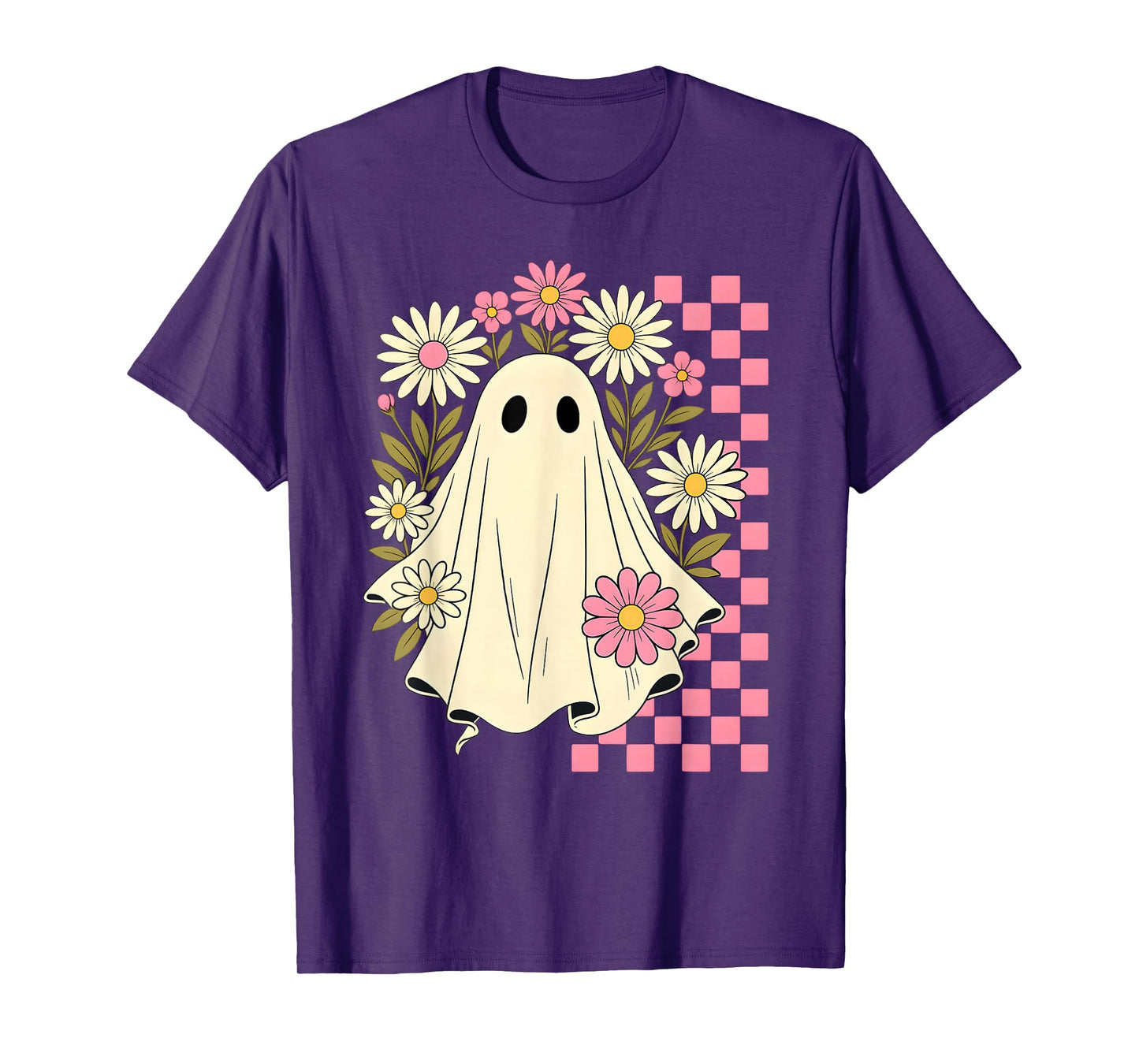 Vintage Pink Flowers Ghost Groovy Halloween Spooky Girls T-Shirt