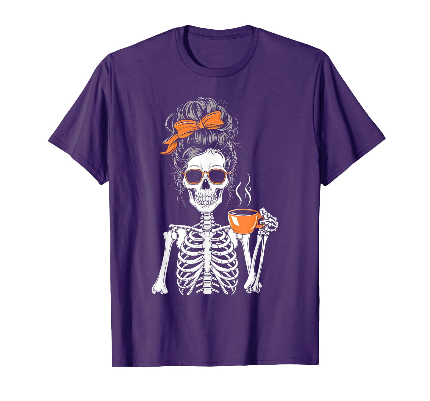 Halloween Skeleton Messy Bun Coffee Funny Costume Mom Women T-Shirt