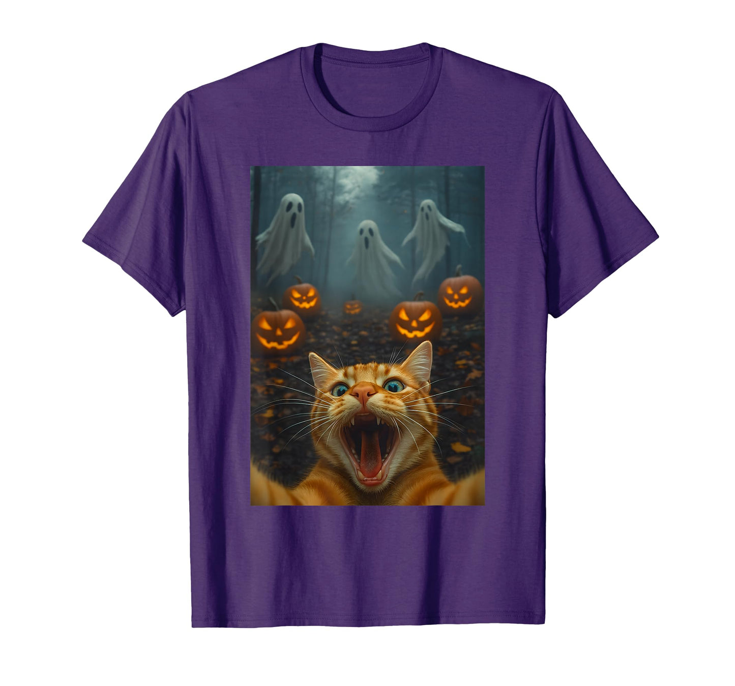 Spooky Halloween Funny Cat Selfie with Ghost Boo Pumpkin T-Shirt