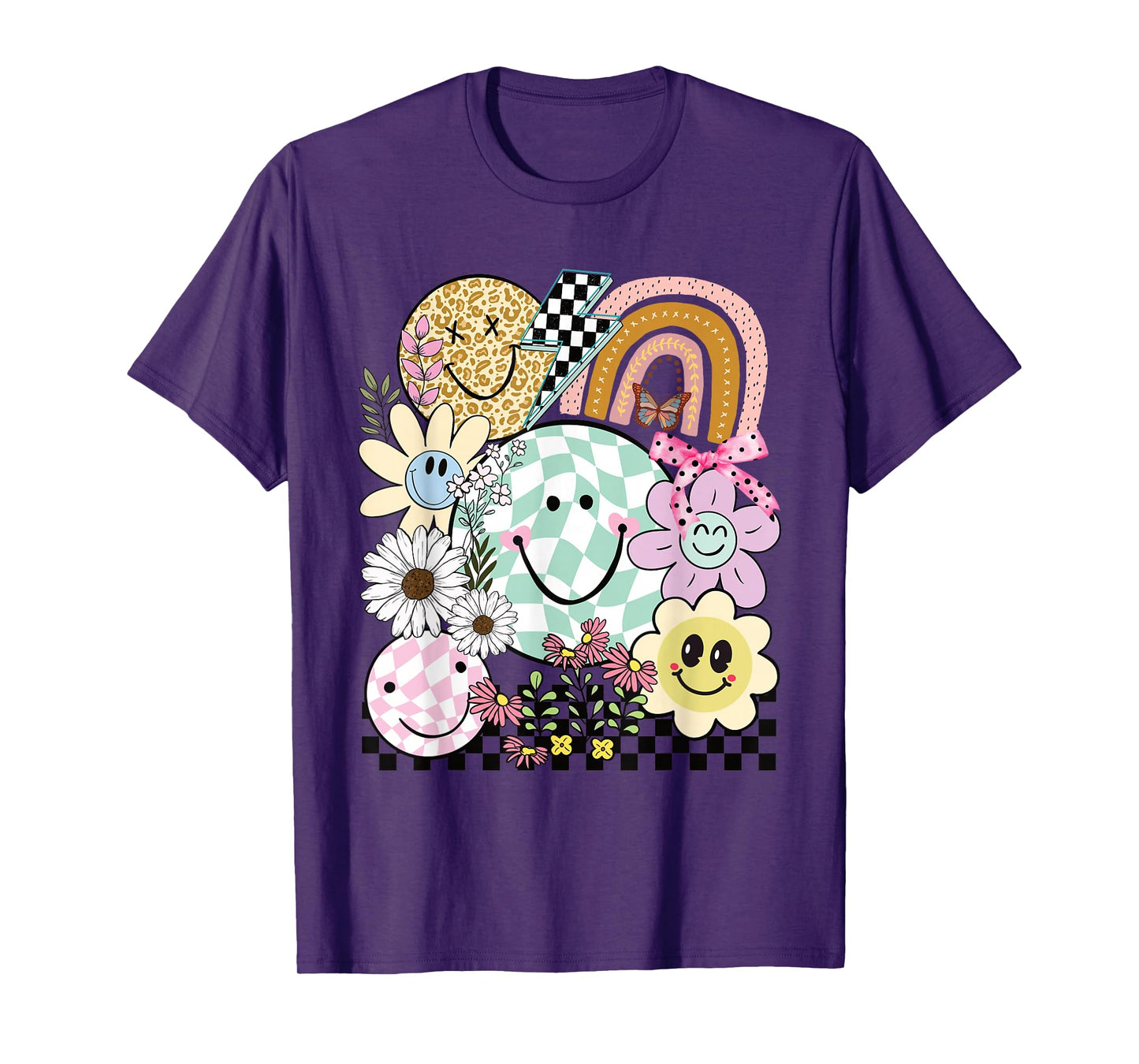 Funny Checkered Happy Smiling Smile Face Daisy Flower Girl T-Shirt