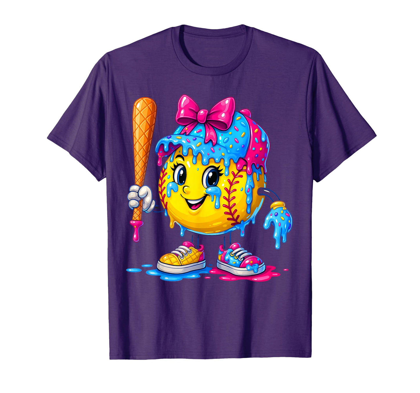 Softball Girls Ice Cream Drip Bat Sweet Sport Youth Game Day T-Shirt