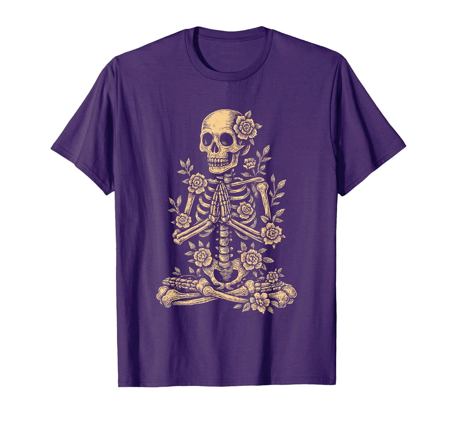 Halloween Yoga Skeleton Meditating Floral T-Shirt