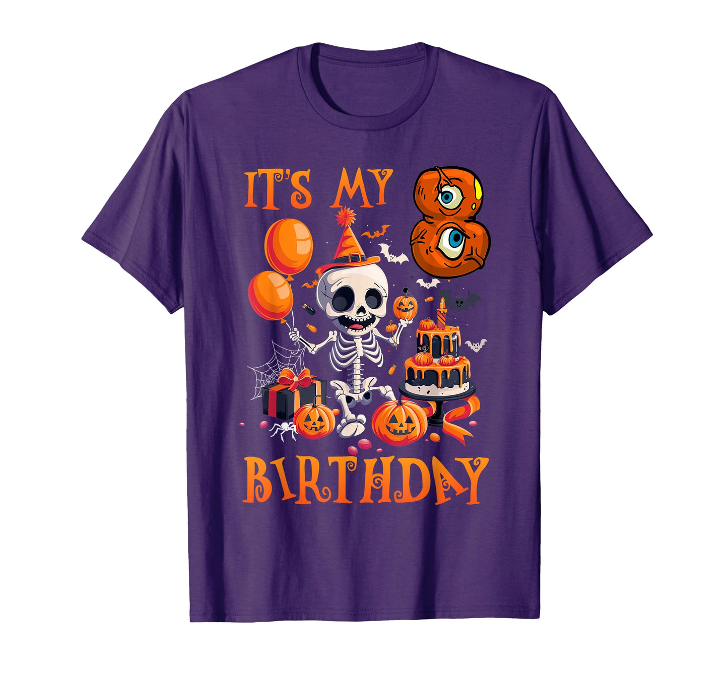 Kids Boo It's My 8th Birthday Halloween Skeleton 8 Years Old T-Shirt