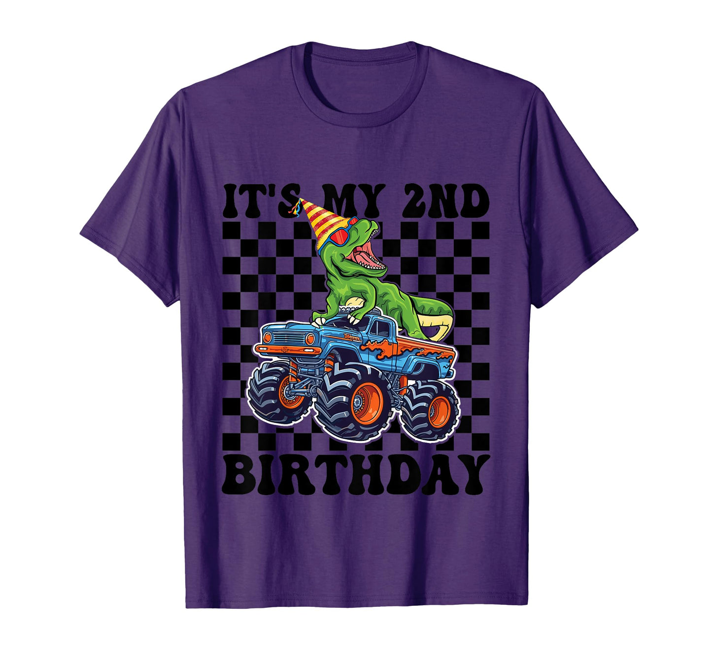 Kids 2nd Birthday Monster Truck Dinosaur Birthday Boys 2 Year Old T-Shirt
