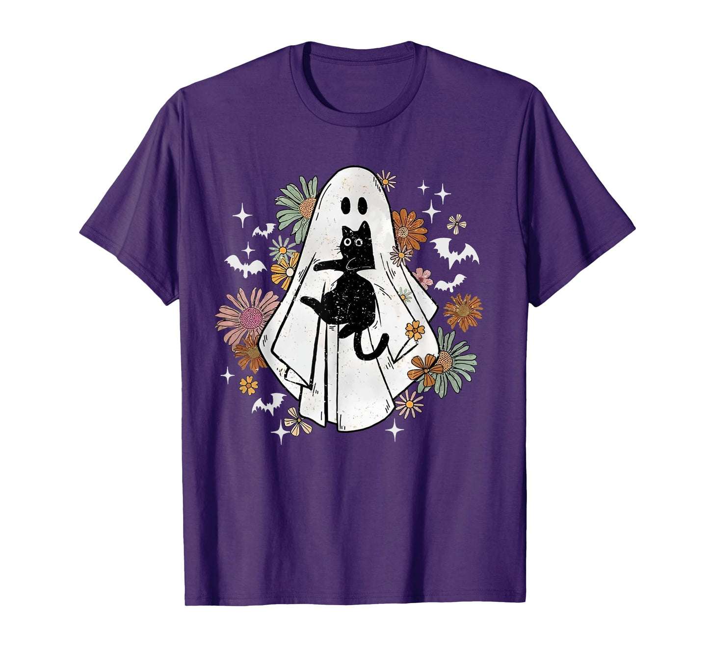 Spooky Ghost Holding Black Cat Groovy Floral Halloween Goth T-Shirt