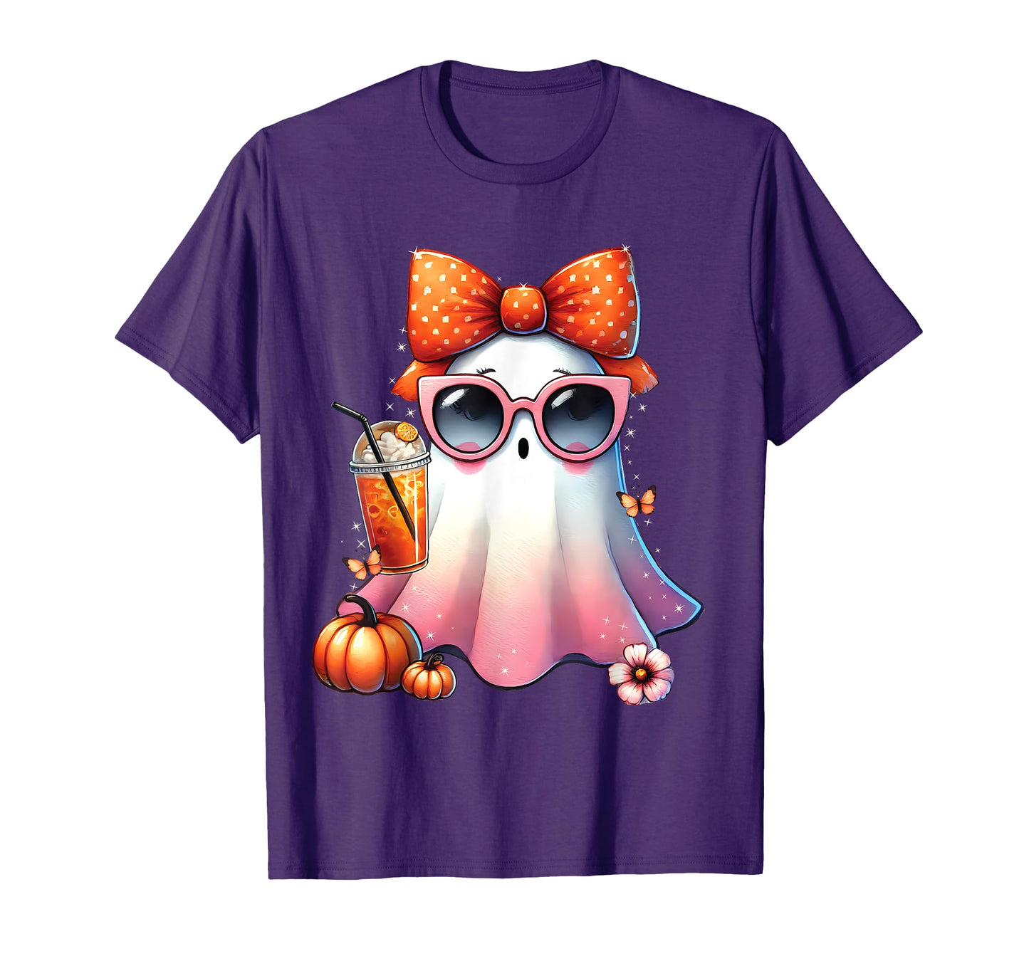 Cute Ghost Drinking Coffee With Halloween Bow Women Girls T-Shirt