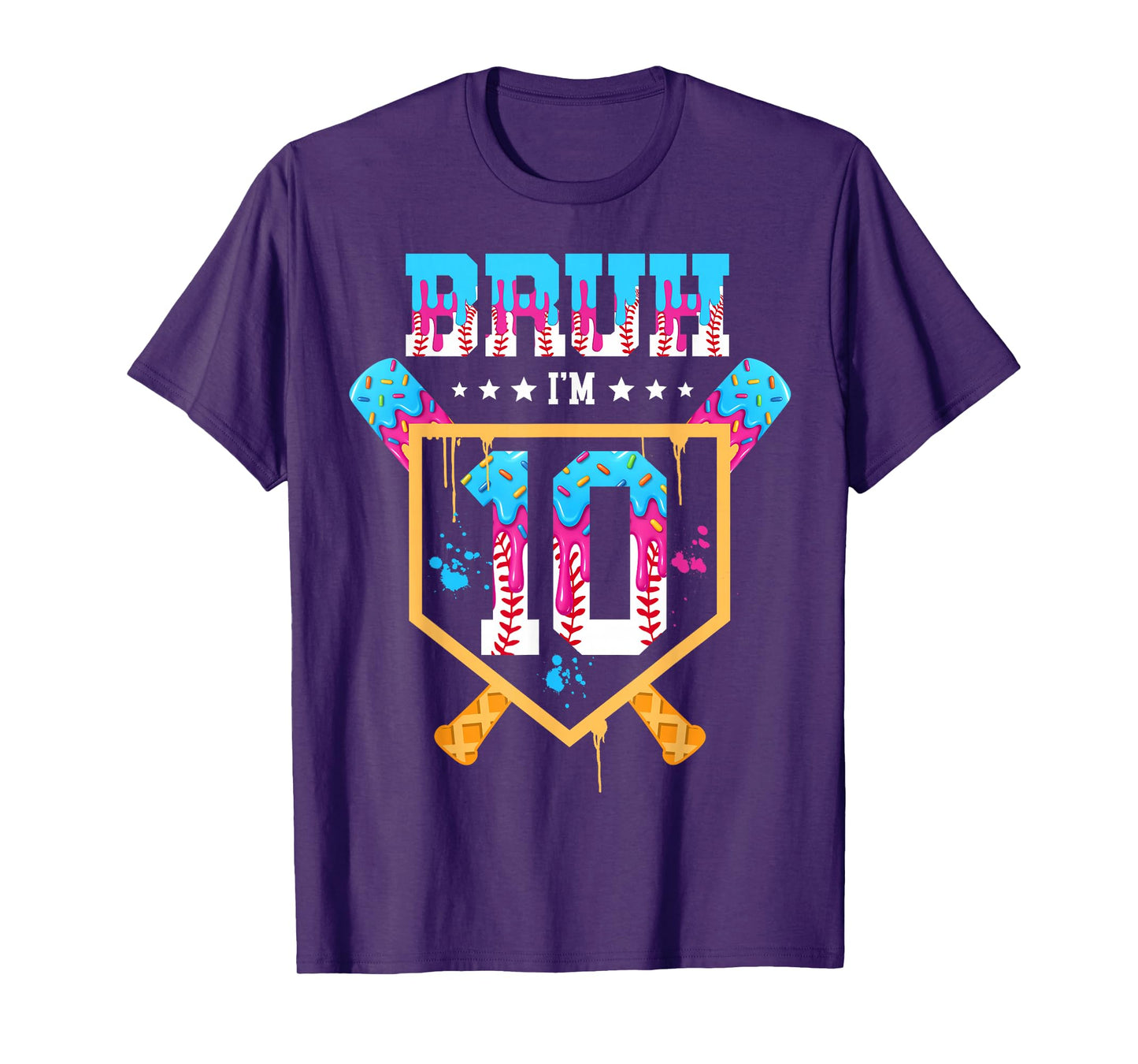 Baseball 10 Year Old Ice Cream Drip 10th Birthday Boys T-Shirt