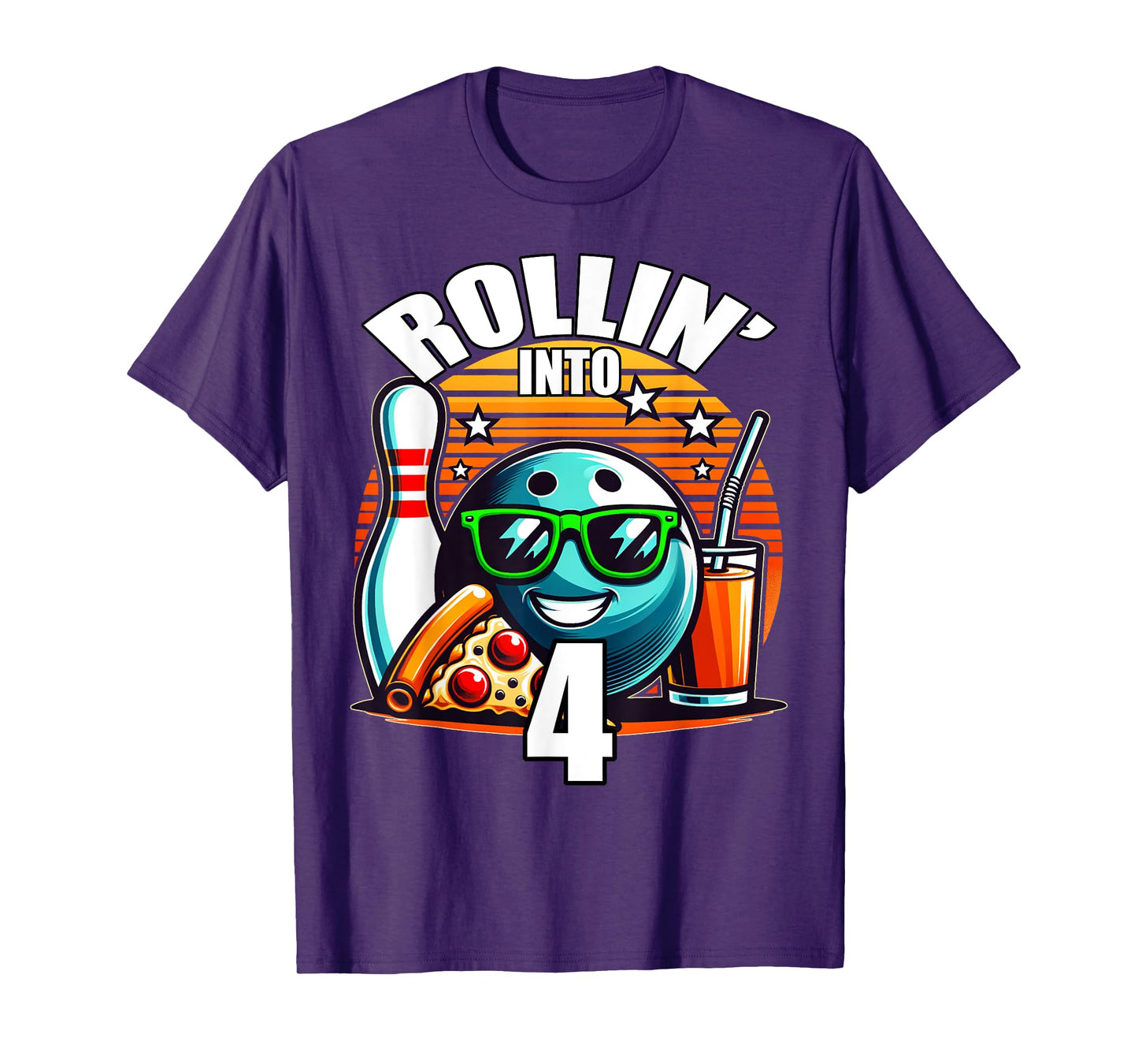 Rollin into 4 Bowling Birthday Party 4th Birthday Retro Kids T-Shirt