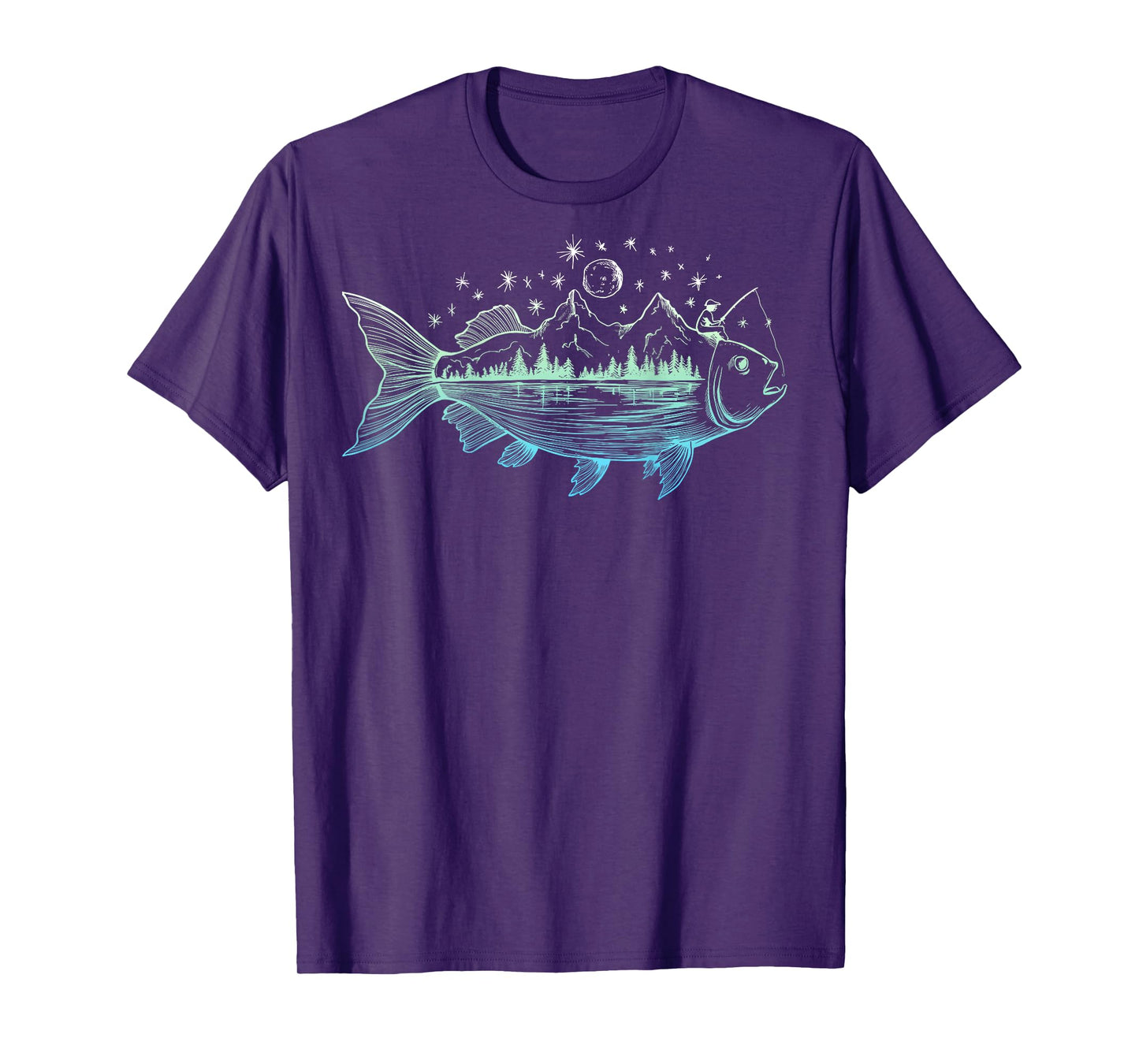 On Back Cool Fish Shaped from Mountains Nature Scene Fishing T-Shirt