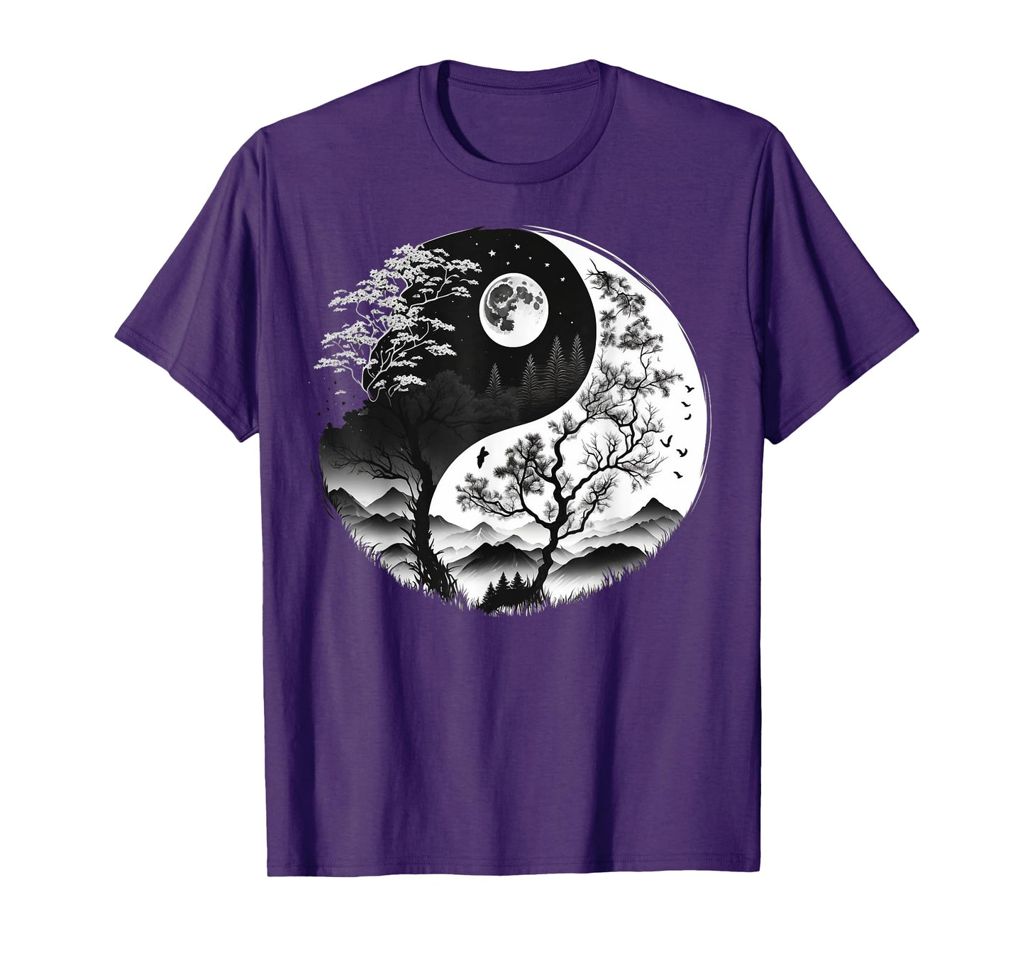 Black and White Yin Yang Symbol on Nature Taijitu Yin Yang T-Shirt