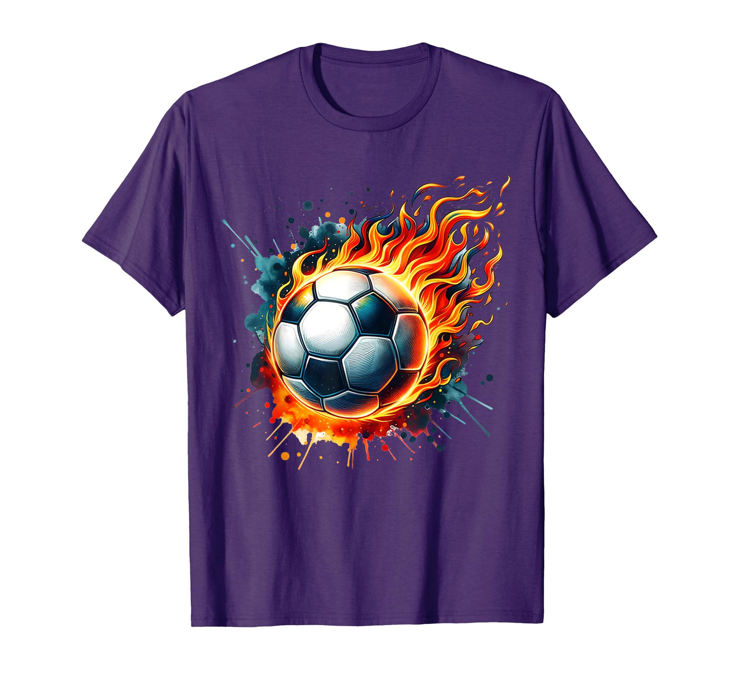 Flaming Soccer Ball on Fire Colorful Splash Sports Lover Fan T-Shirt