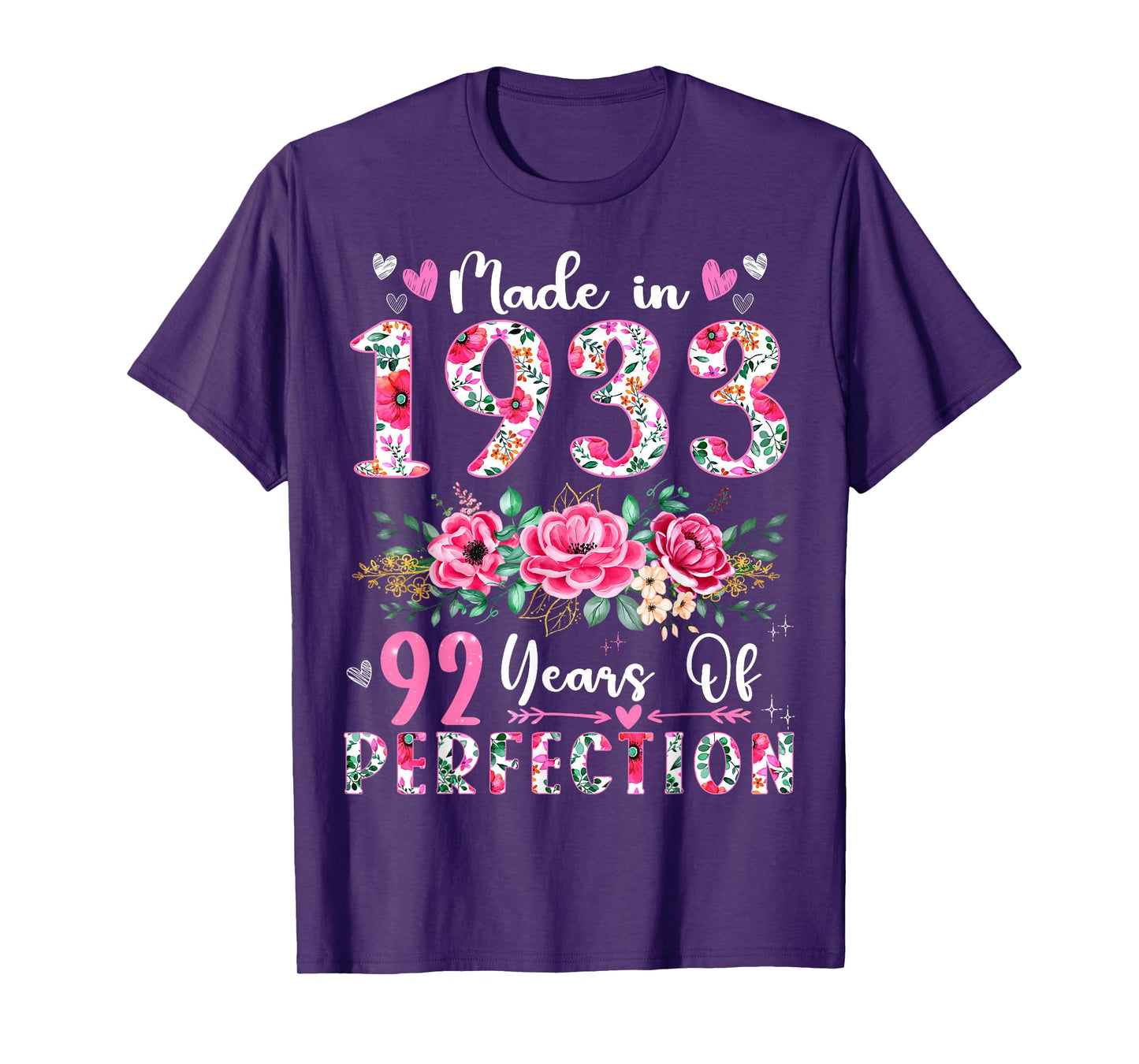92 Year Old Made In 1933 Floral 92th Birthday Women T-Shirt