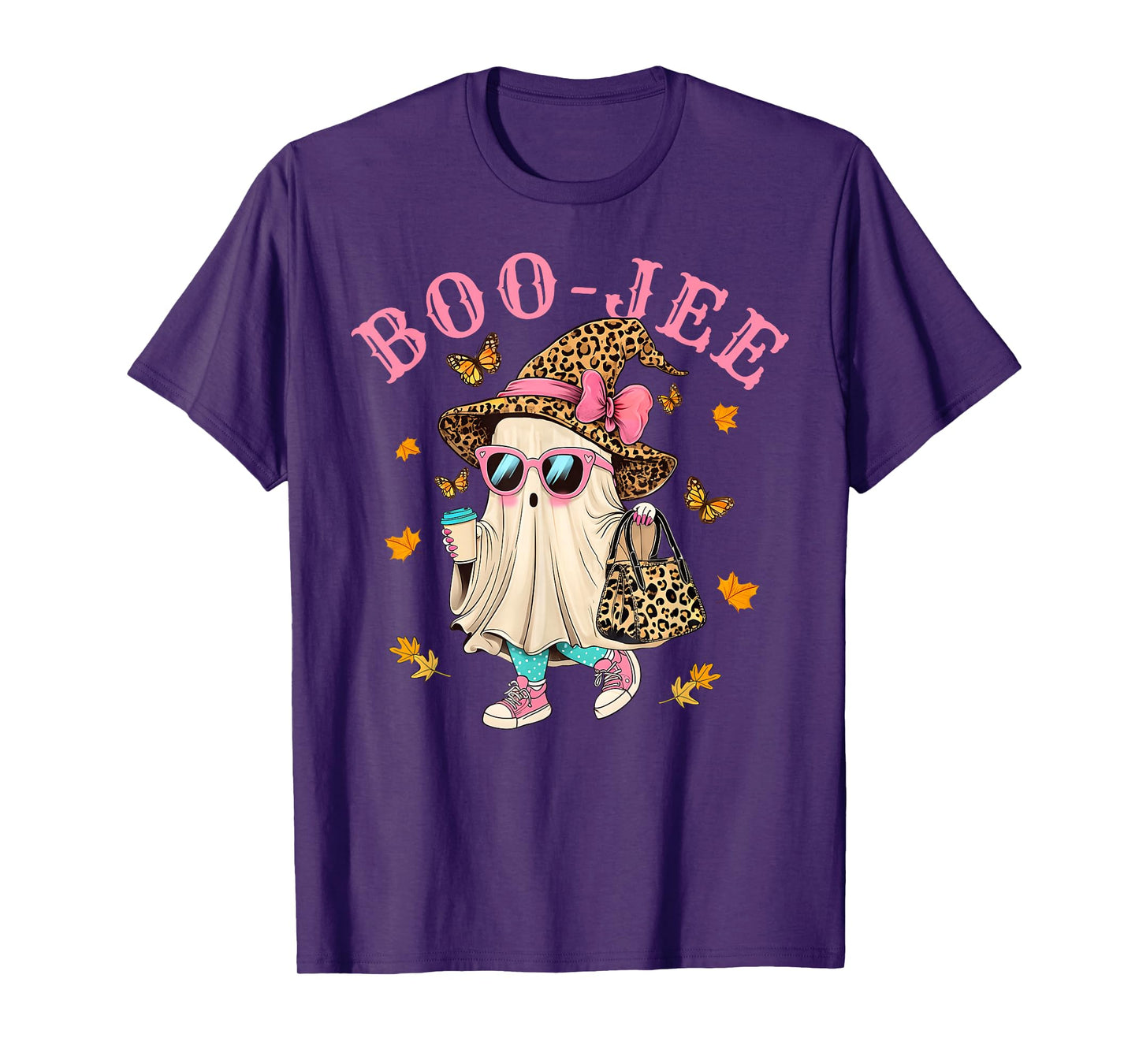 Cute Boo Jee Leopard Ghost Halloween Coffee Women Girl T-Shirt