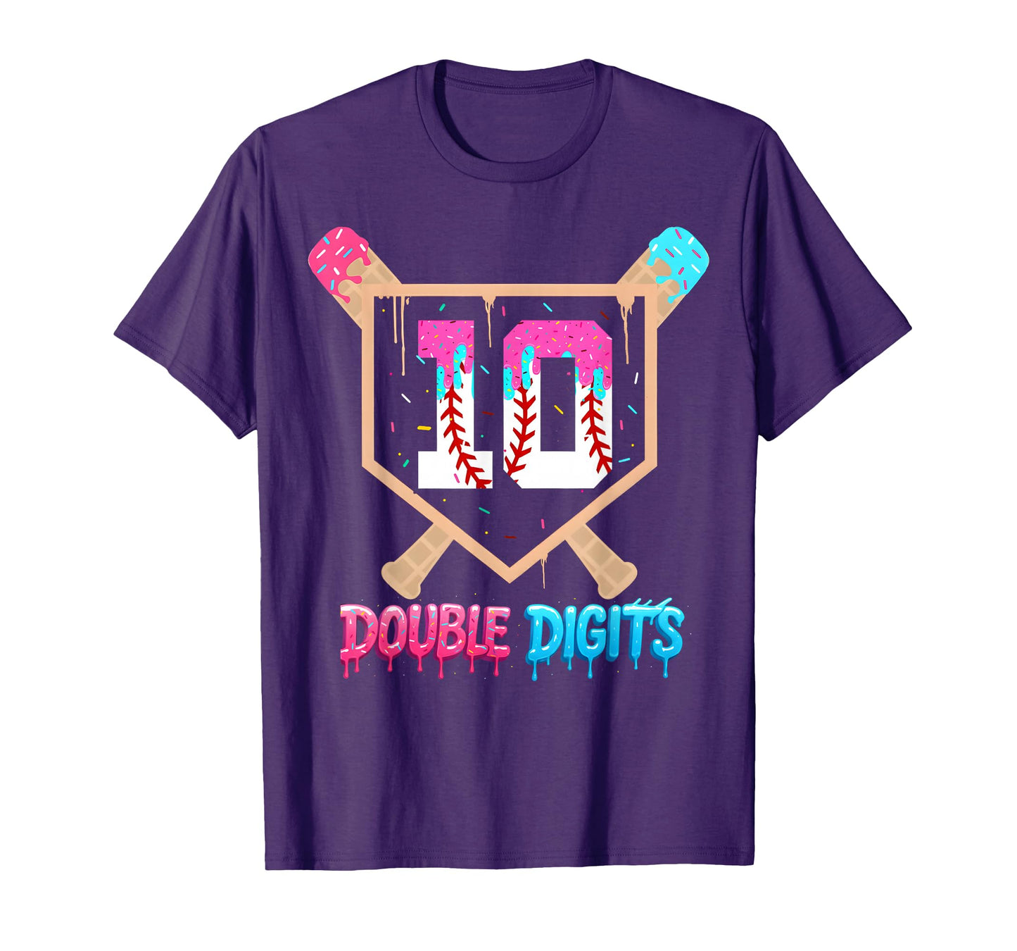 Baseball 10 Year Old Ice Cream Drip 10th Bday Double Digits T-Shirt