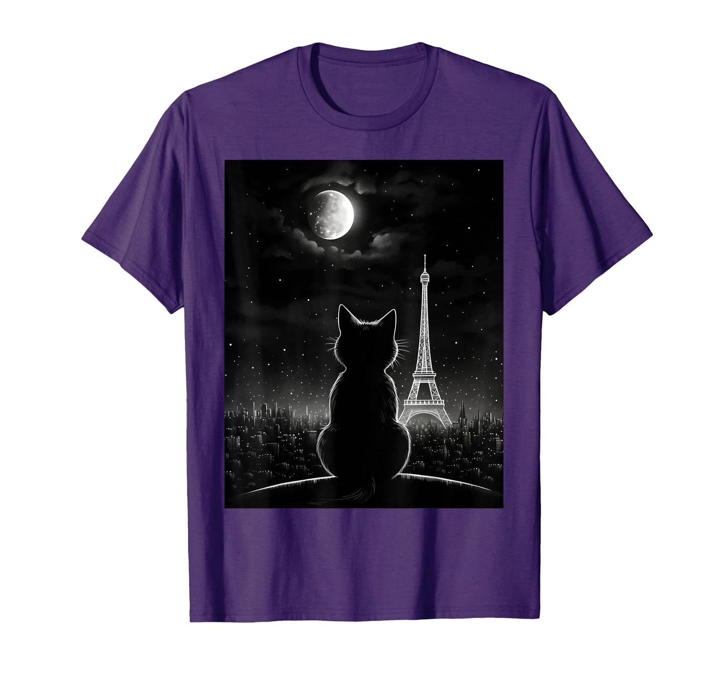 Aesthetic Black Cat Star Night Eiffel Tower In Paris T-Shirt