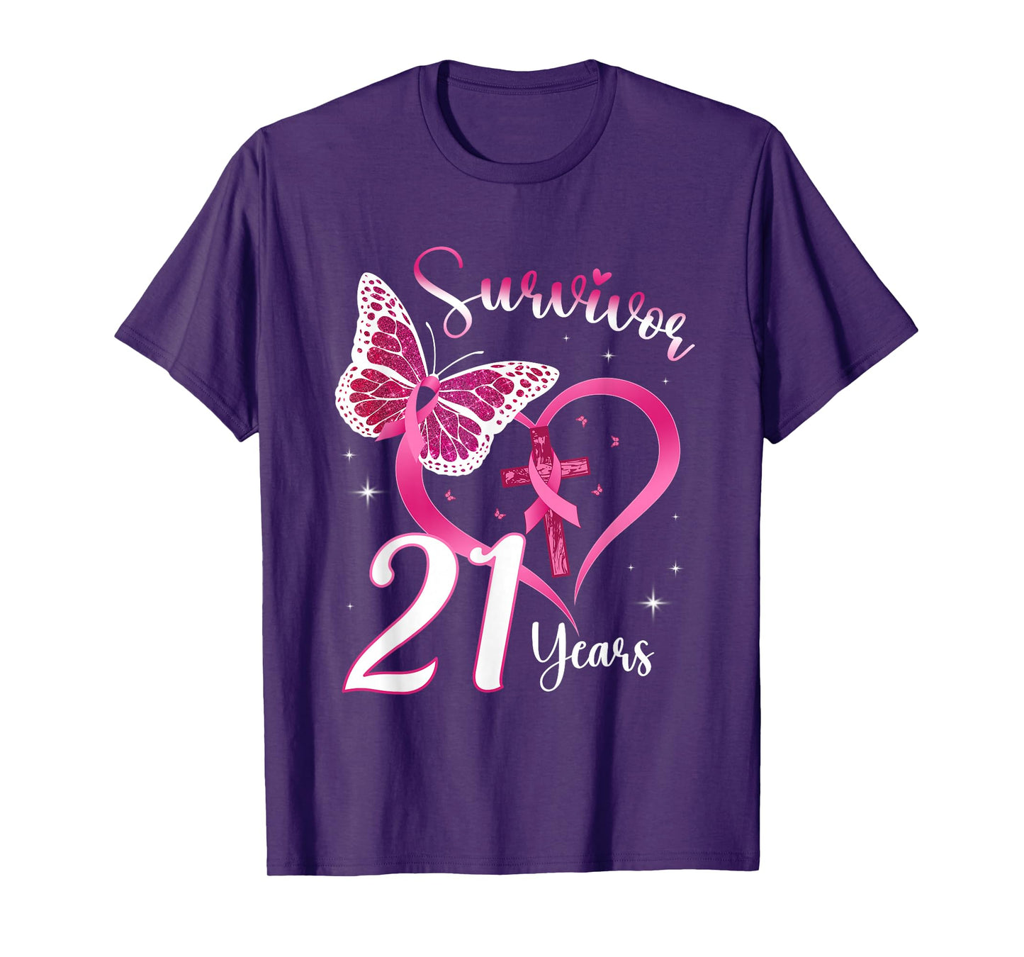 Breast Cancer Survivor Pink Ribbon Butterfly 21 Years Gift T-Shirt