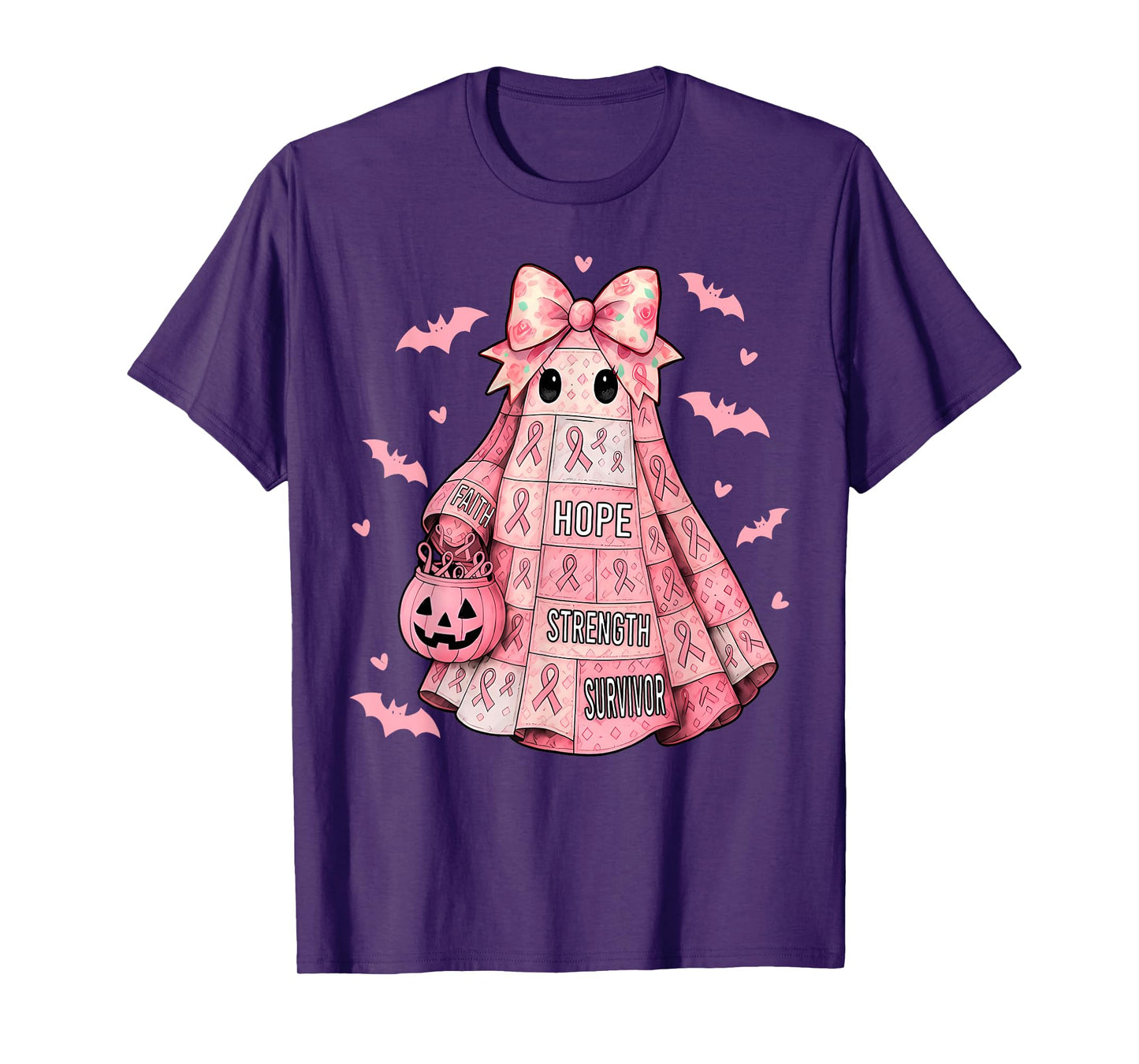Pink Ribbon Patchwork Ghost Halloween Spooky Breast Cancer T-Shirt