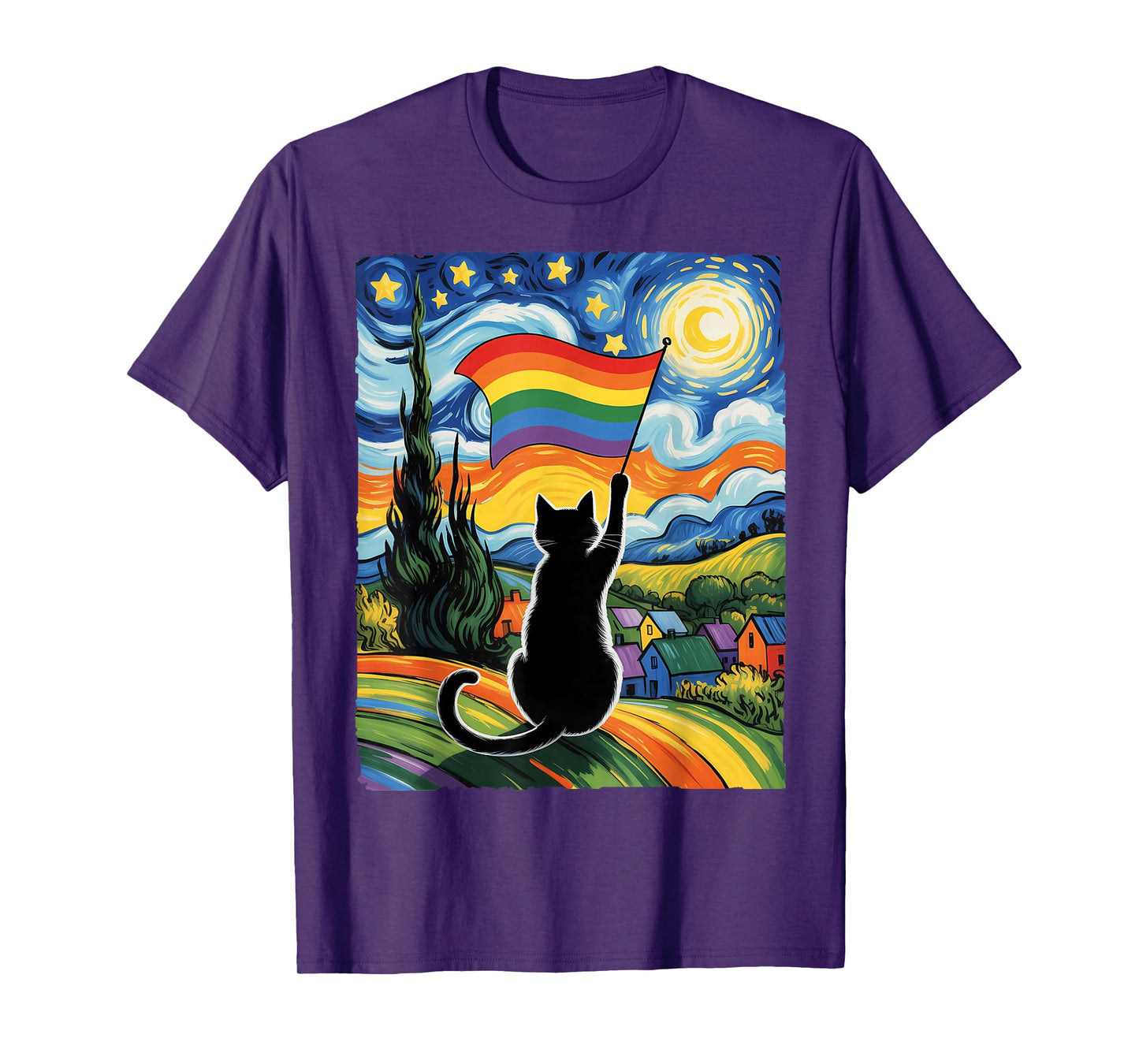 Gay Pride Cat Art Cat Starry Night Style LGBTQ Pride Support T-Shirt