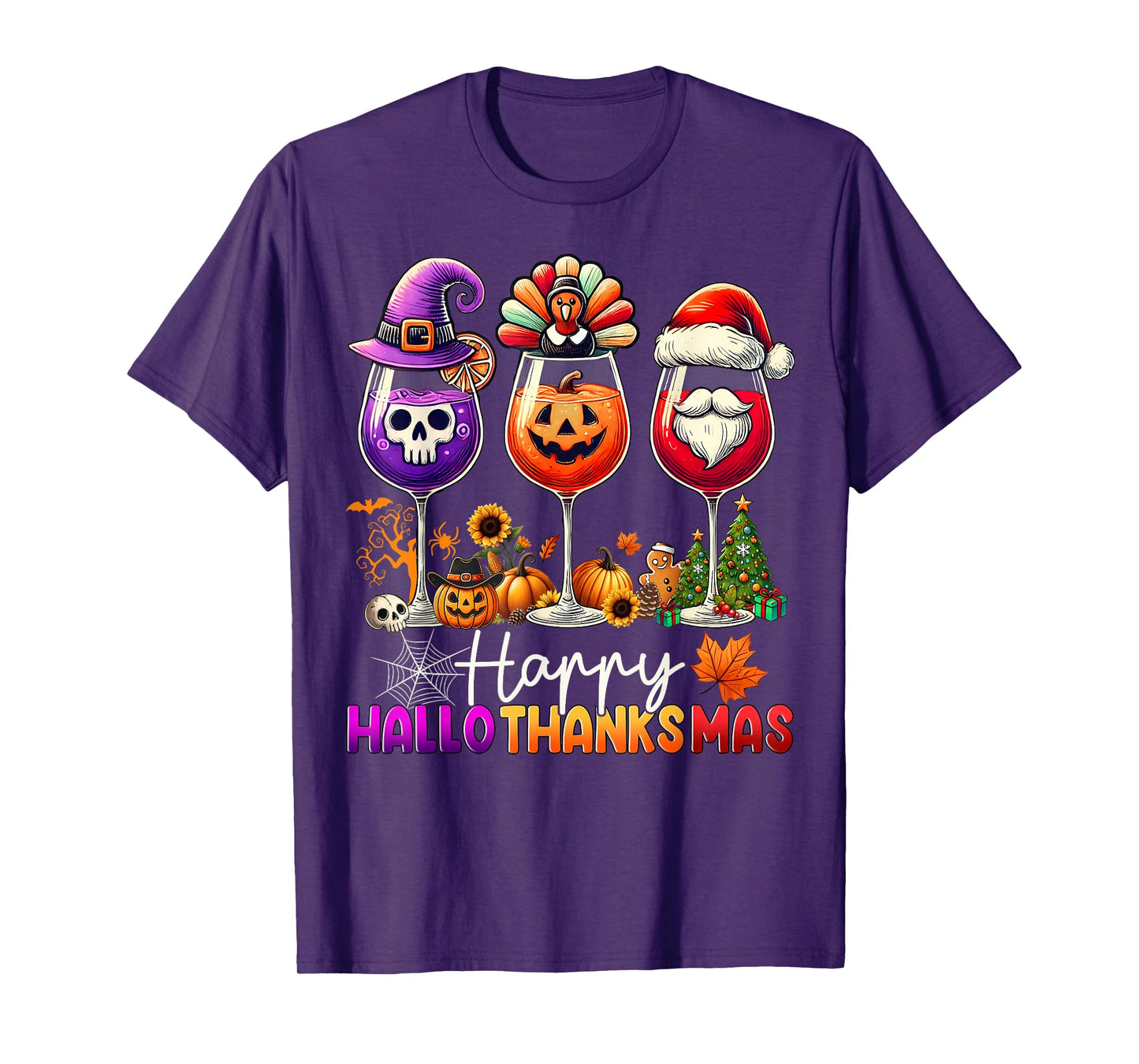 Happy Hallothanksmas Wine Halloween Thanksgiving Christmas T-Shirt