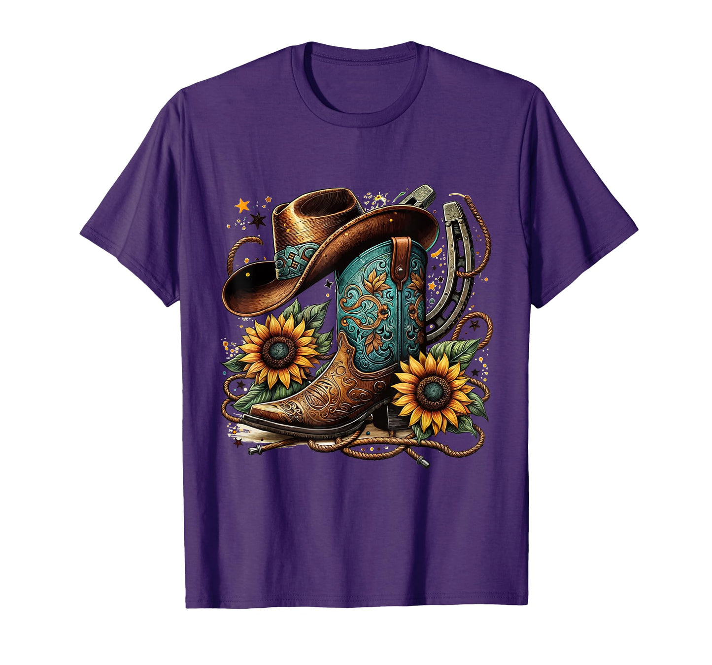 Western Cowboy Boot Horseshoe Sunflower Rope Cowgirl Boot T-Shirt, Small, Black