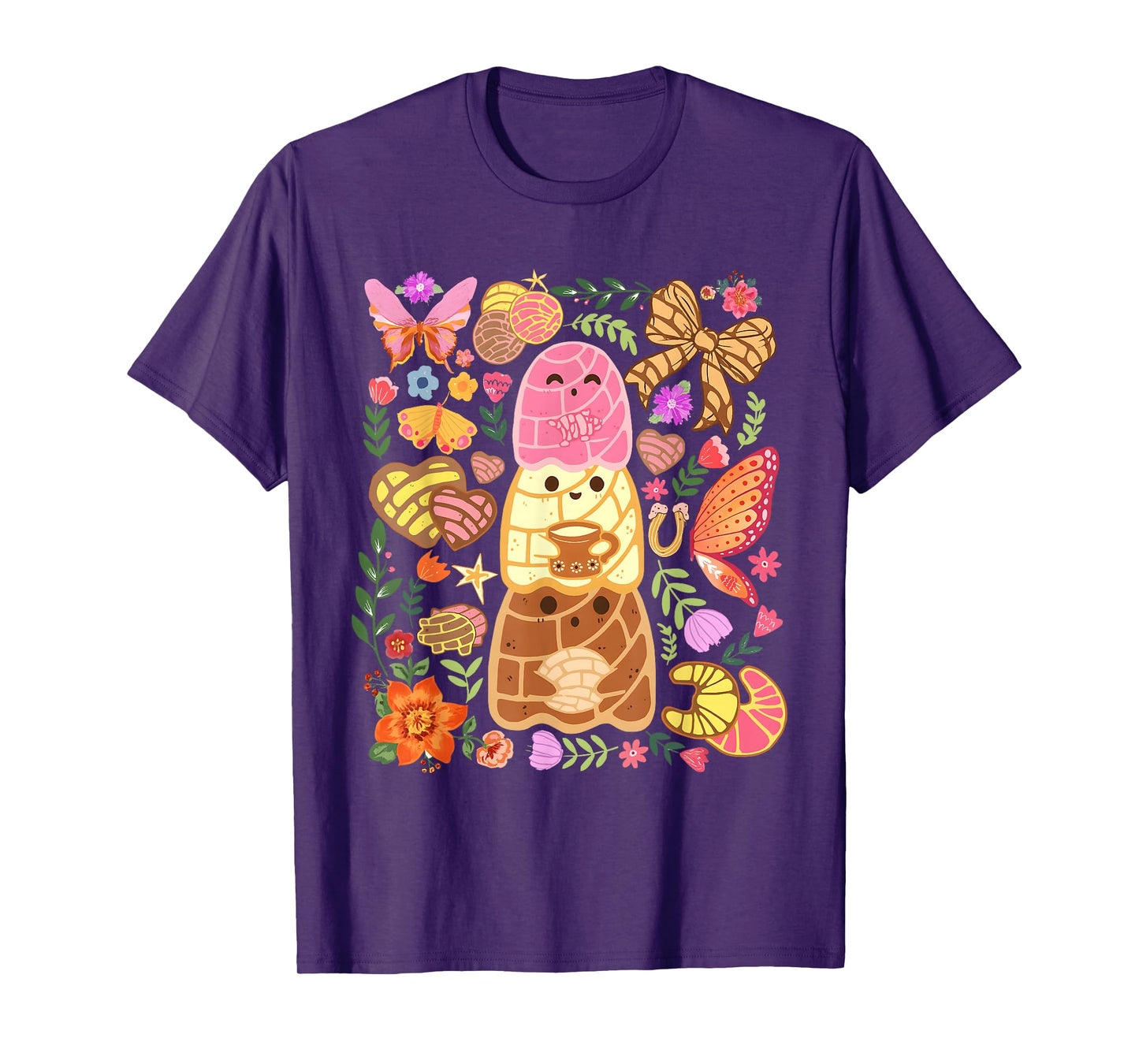 Cute Concha Bread with Butterflies and Flowers Kawaii T-Shirt