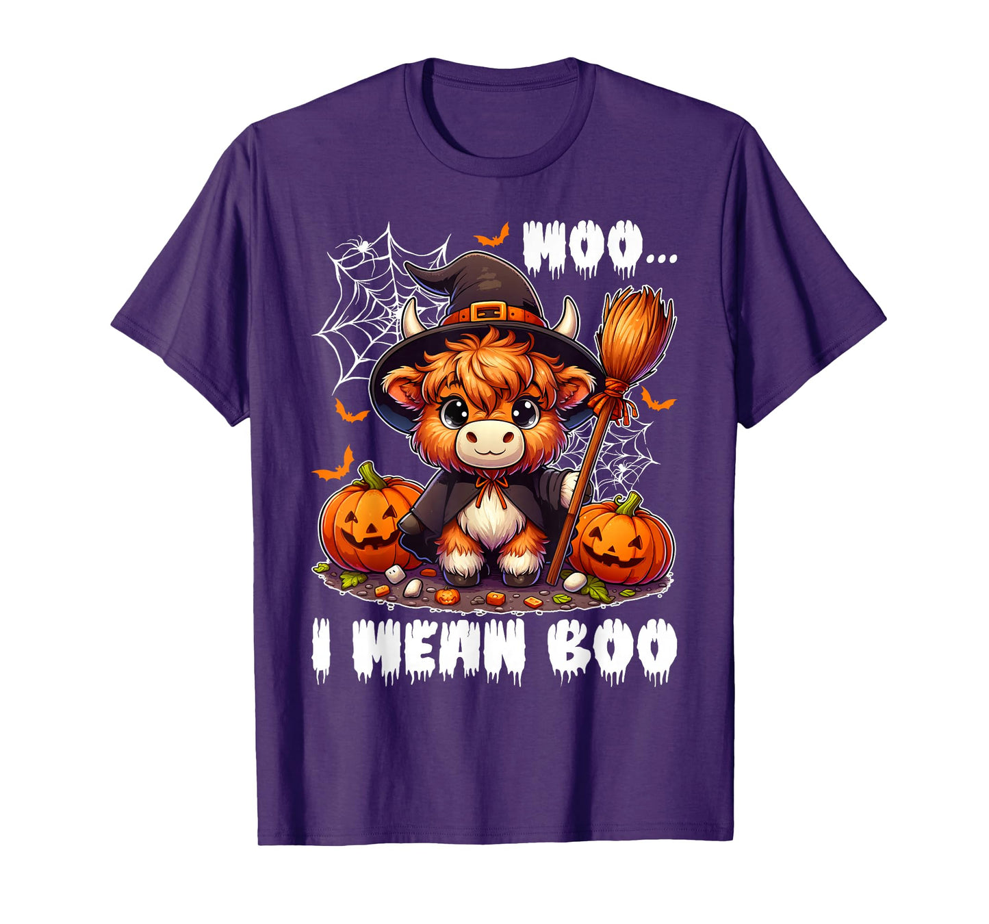 Moo I Mean Boo Highland Cow in Witch Costume Halloween Day T-Shirt