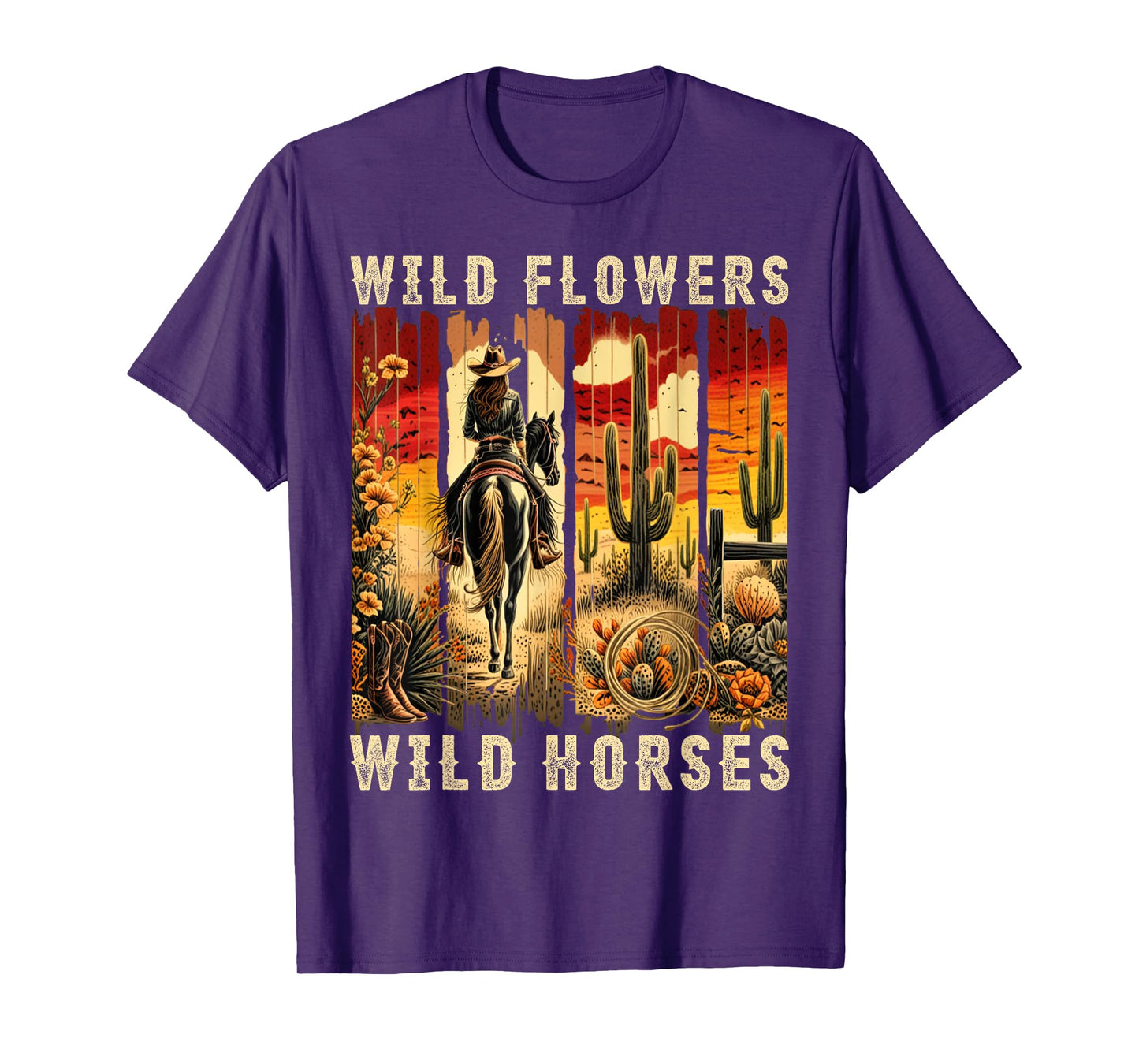 Wild Flowers Wild Horses Sunset Cowgirl Girls Women Nature T-Shirt