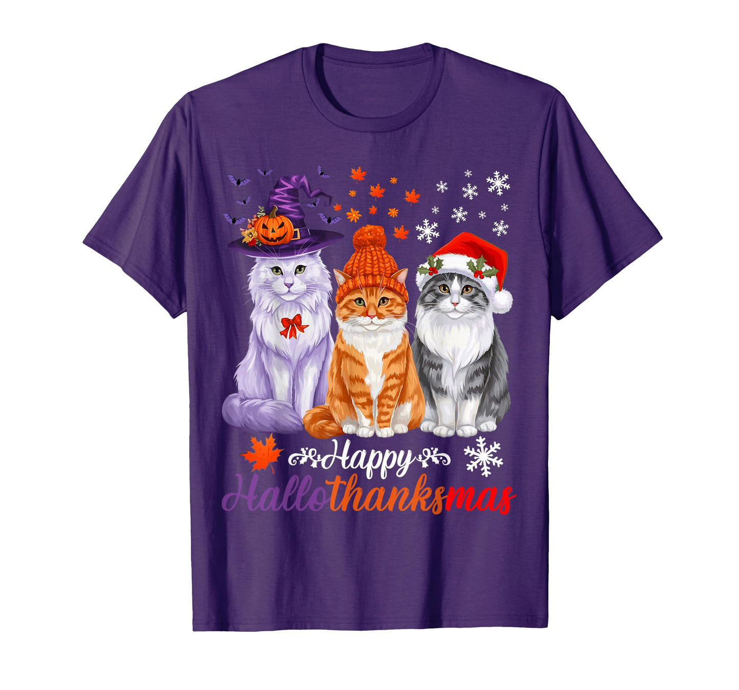 Happy HalloThanksMas Cats Halloween Thanksgiving Christmas T-Shirt