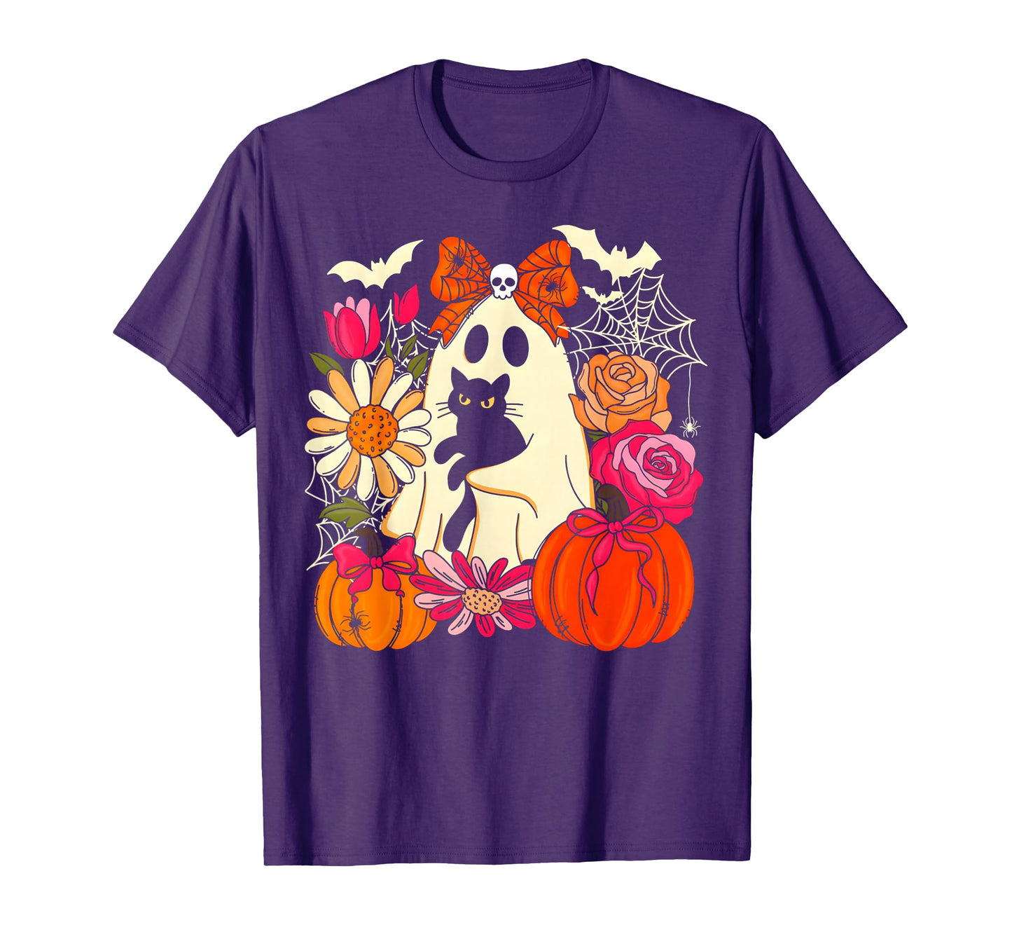 Spooky Ghost Holding Black Cat Groovy Floral Halloween Goth T-Shirt
