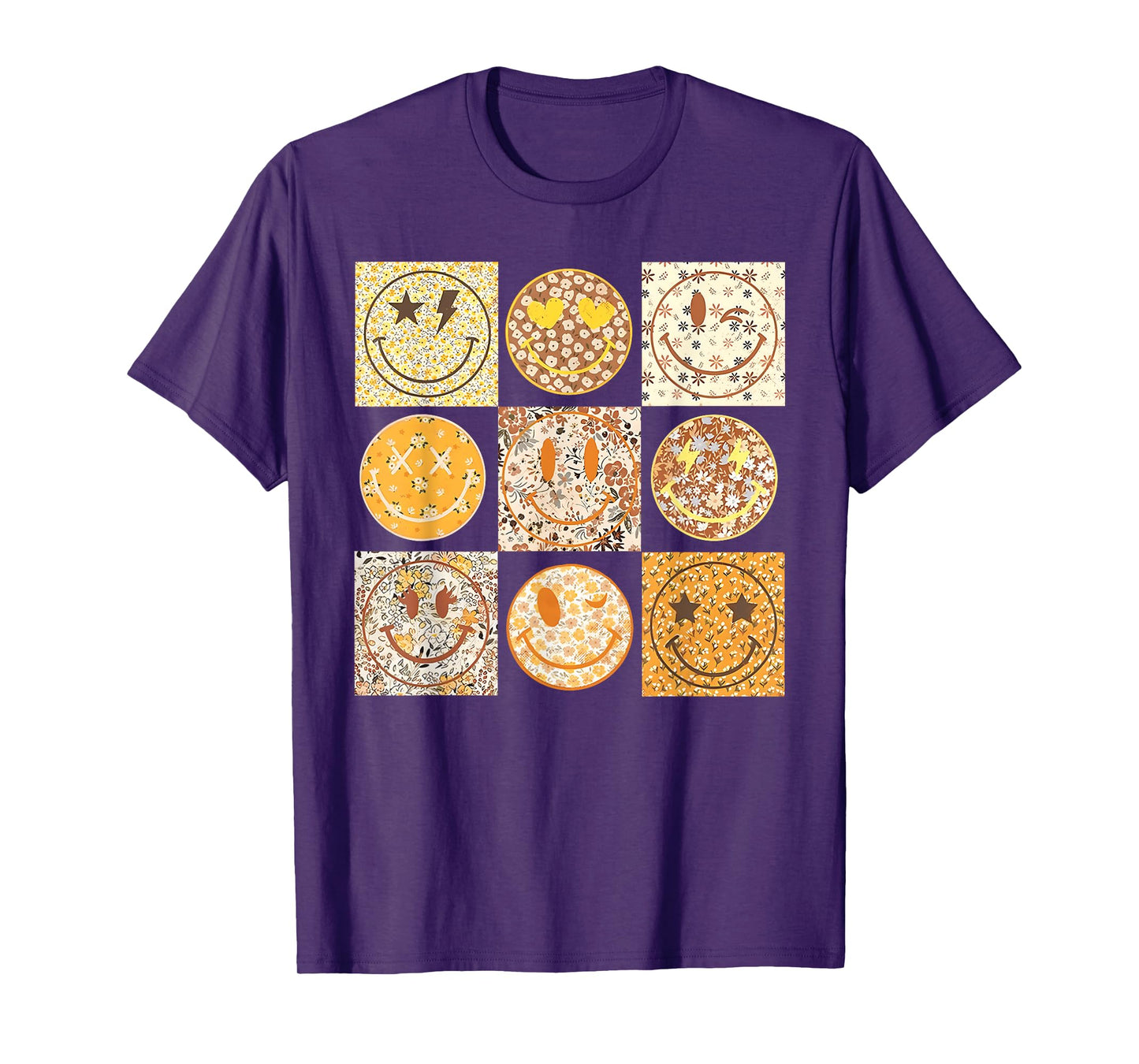 Fall Happy Face Checkered Pattern Smile Face Floral T-Shirt
