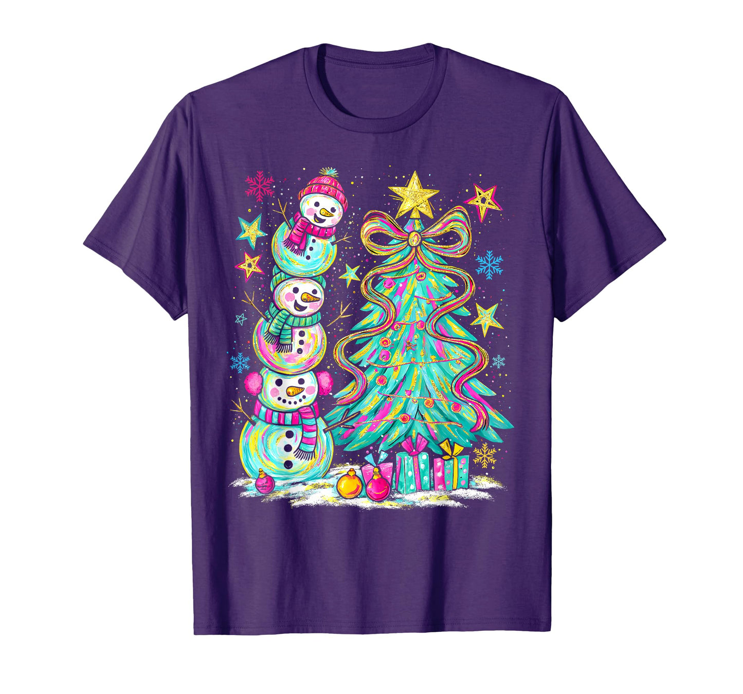 Colorful Snowman Christmas Tree Coquette Bow Women Girl Kids T-Shirt