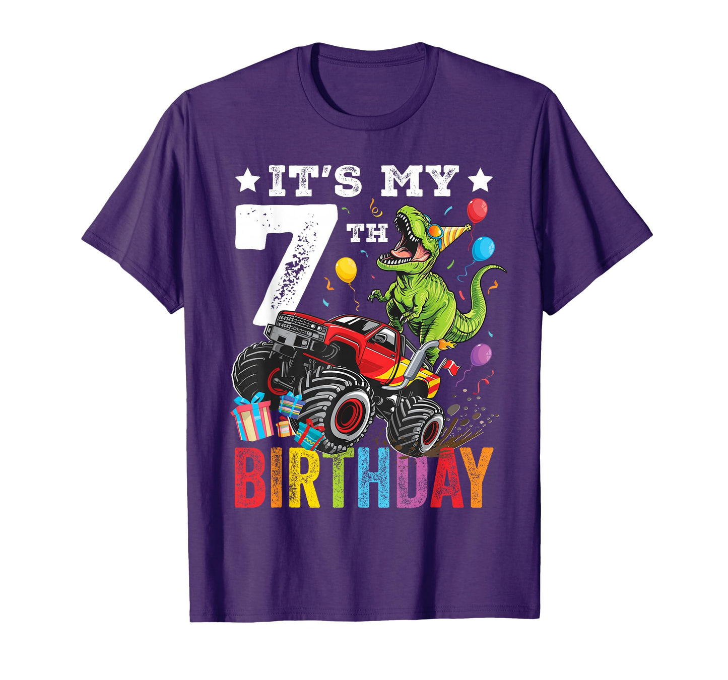 Seven 7th Birthday Dinosaur Monster Truck T-Shirt