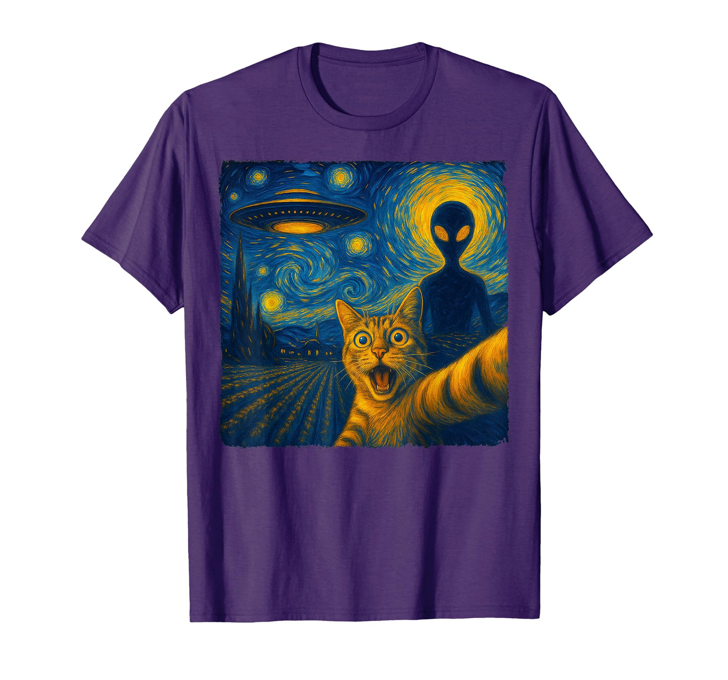 Cat Selfie with Alien UFO Van Gogh Art Gifts Men Women Kid T-Shirt