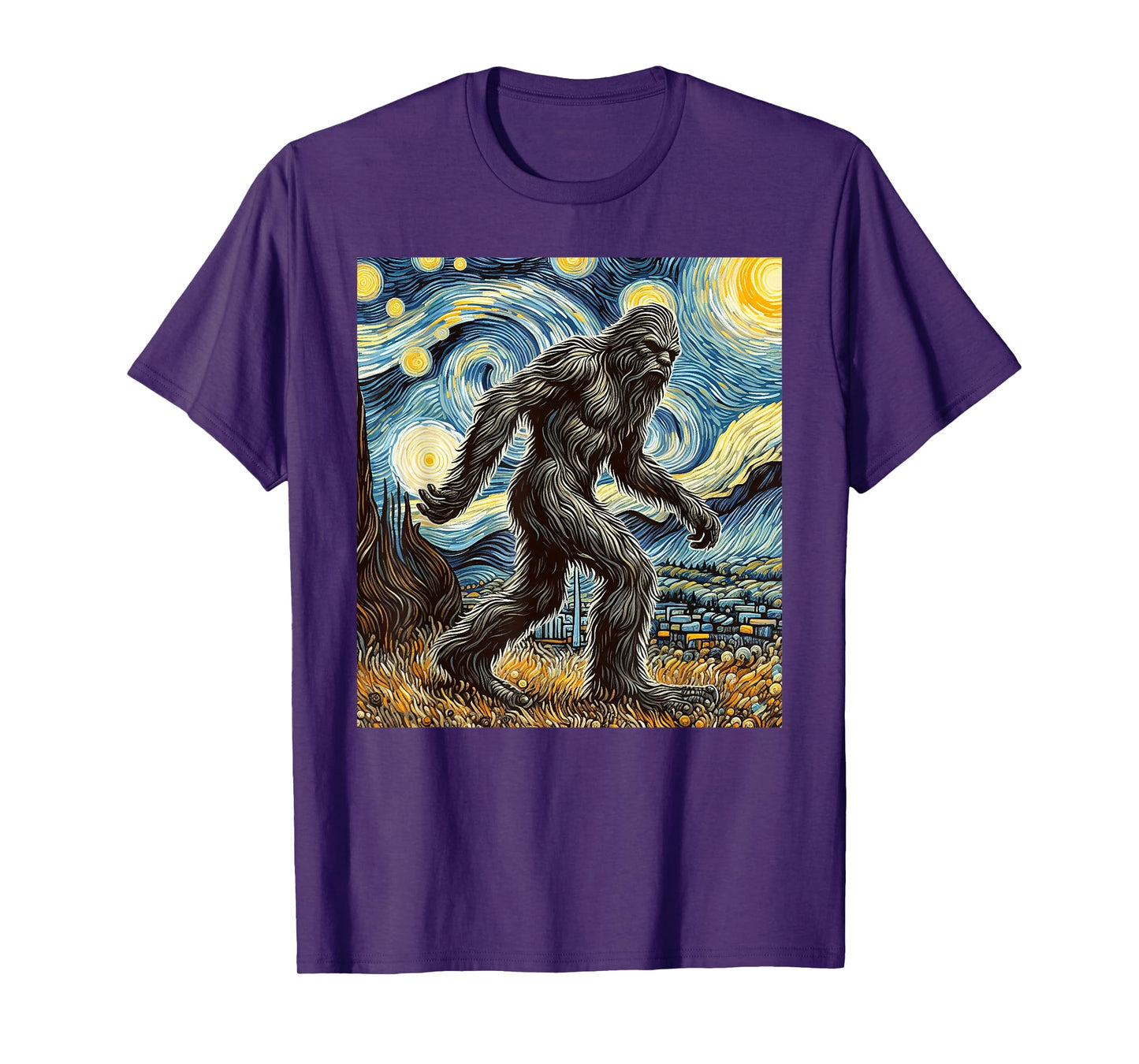 Funny Bigfoot Starry Night Sasquatch Van Gogh Sky Painting T-Shirt