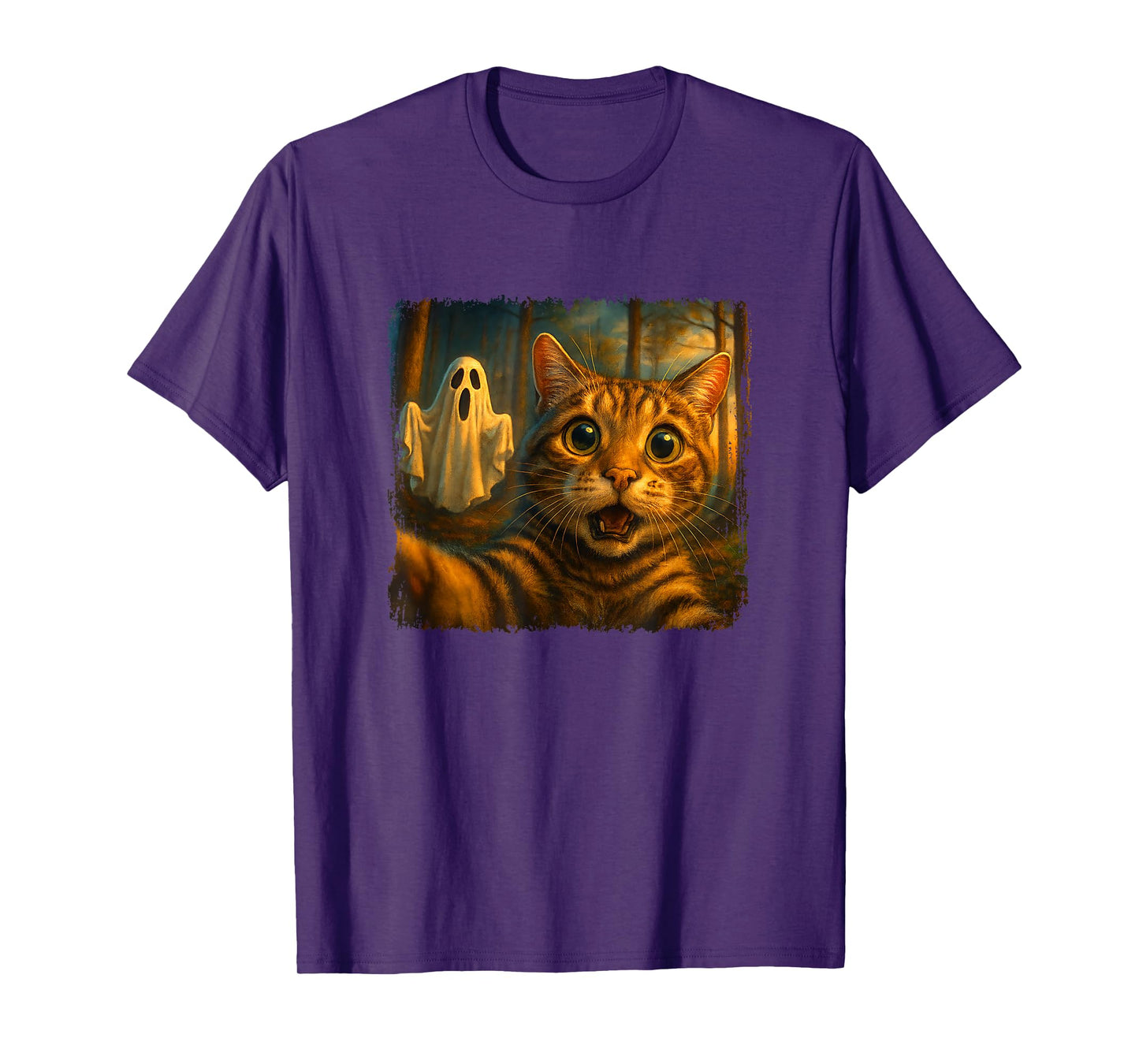 Funny Scared Cat Selfie with Ghost Halloween Design T-Shirt