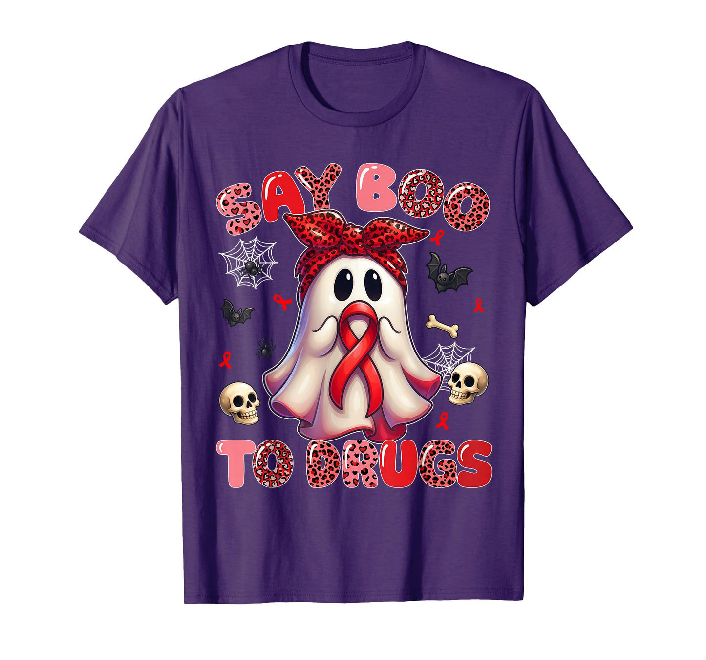 Say Boo to Drugs Leopard Red Ribbon Week Awareness Women T-Shirt