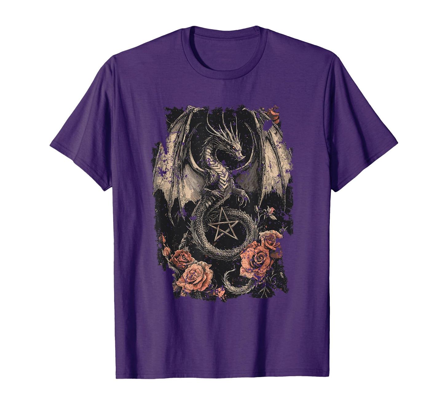 Dragon with Pentagram and Roses - Gothic Dragon T-Shirt