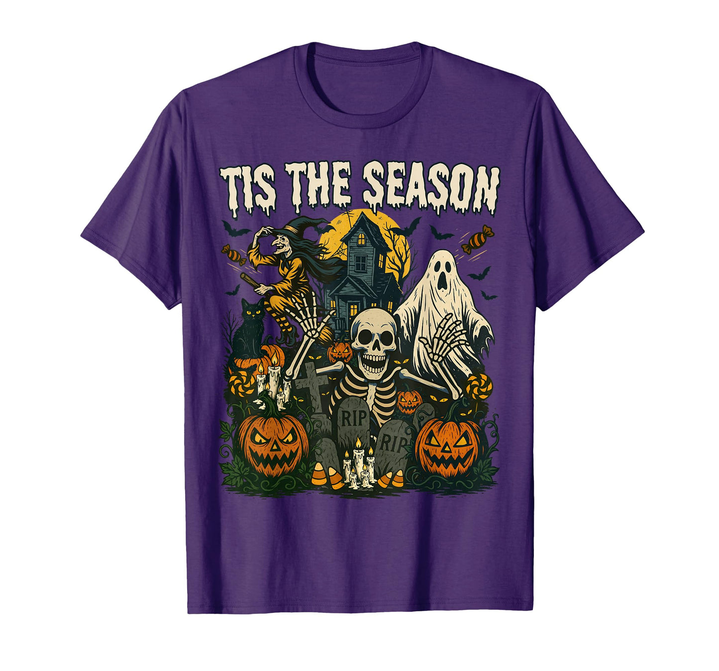 Vintage Tis The Season Halloween Skeleton Ghost Vibes Retro T-Shirt