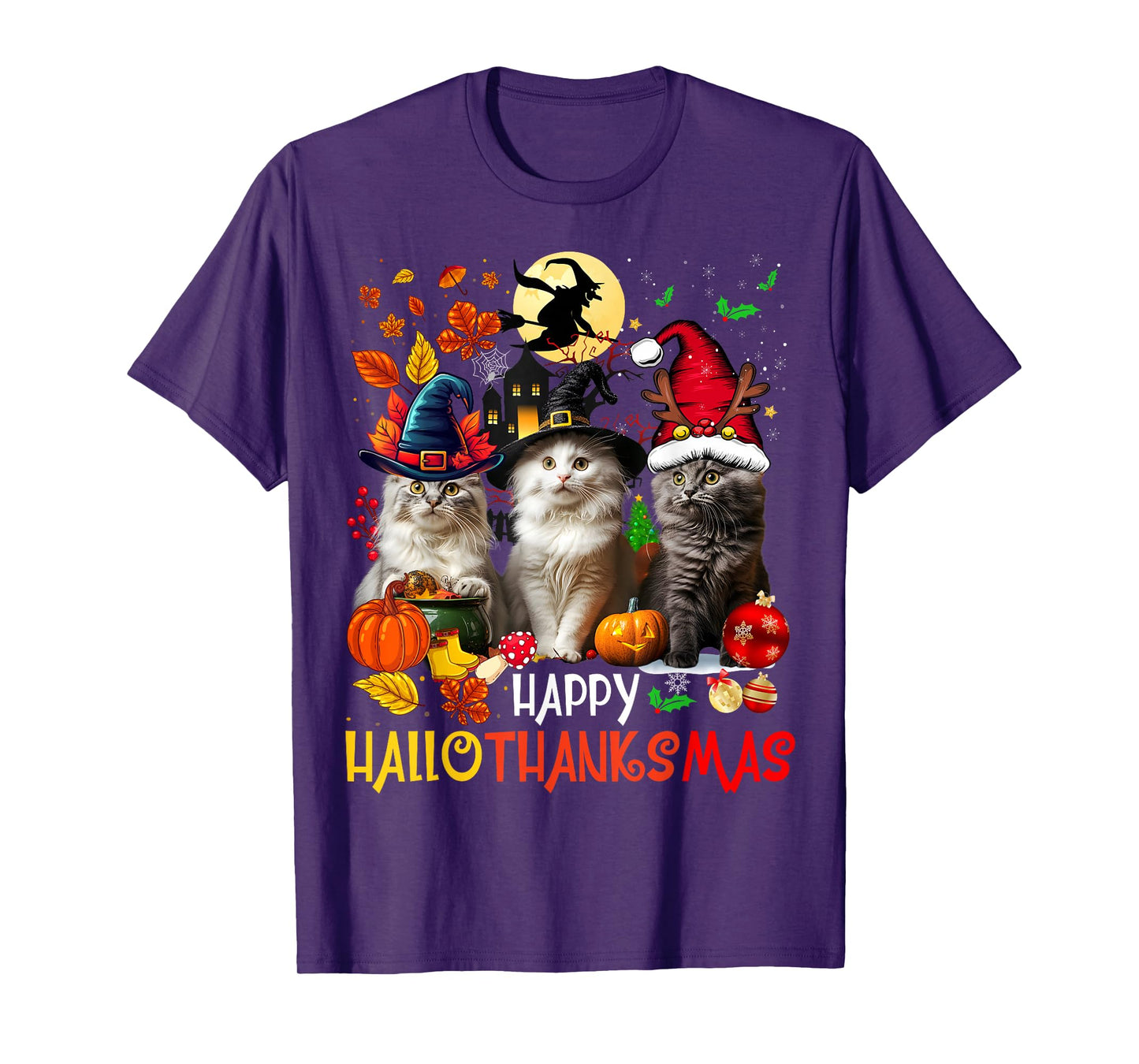 Halloween Thanksgiving Christmas Happy HalloThanksMas Cats T-Shirt
