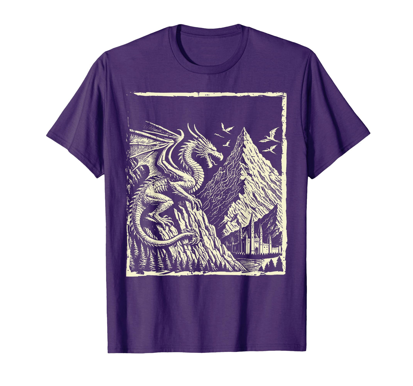 Medieval Dragon Mountain Castle Mythical Men Women Kids T-Shirt