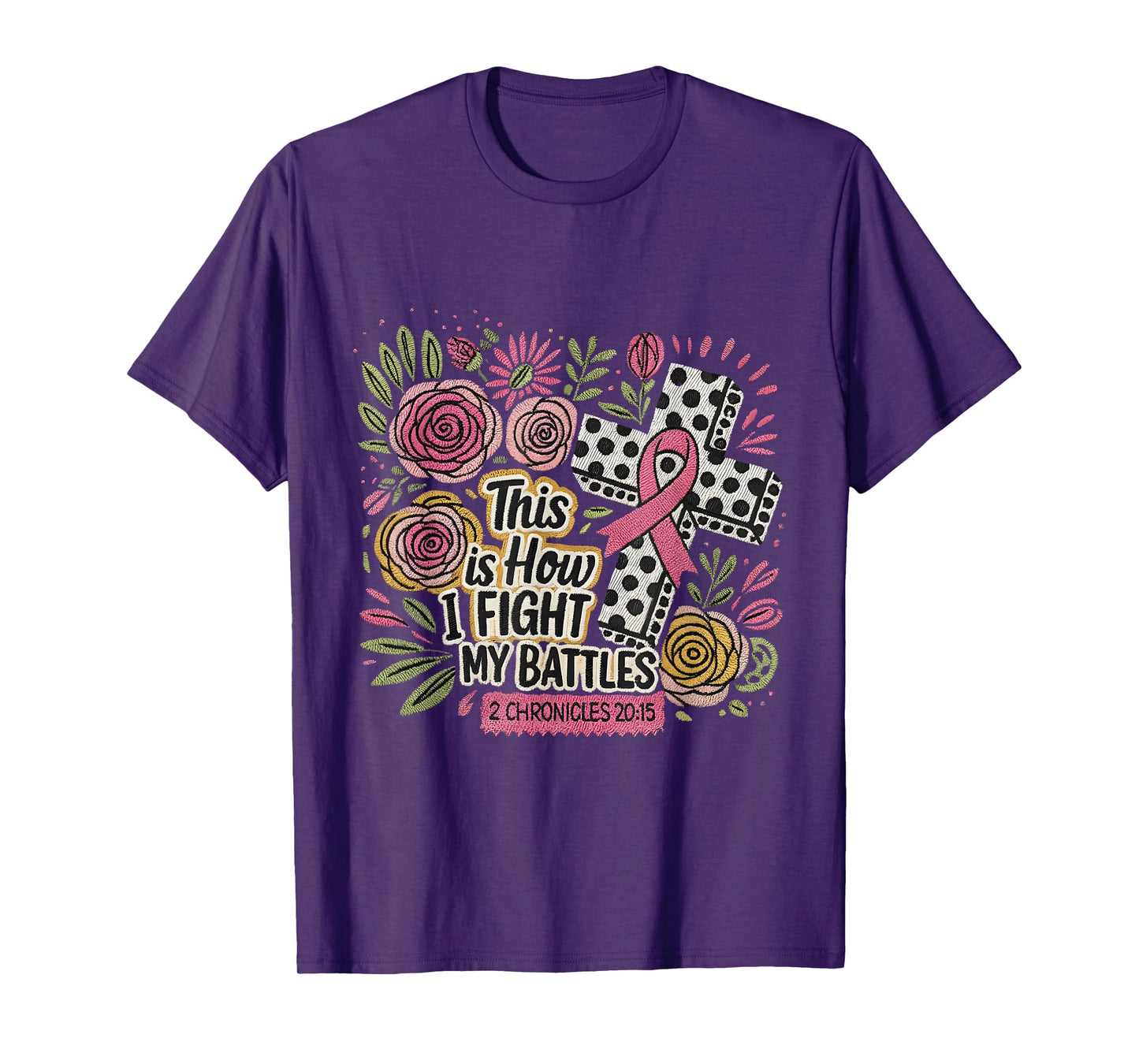 Faux Embroidery Cross Ribbon Floral Scripture Faith Art T-Shirt