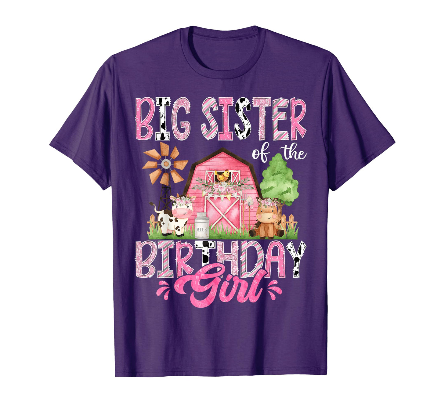 Big Sister Of The Birthday Girl 1St Birthday Pink Cow Farm T-Shirt