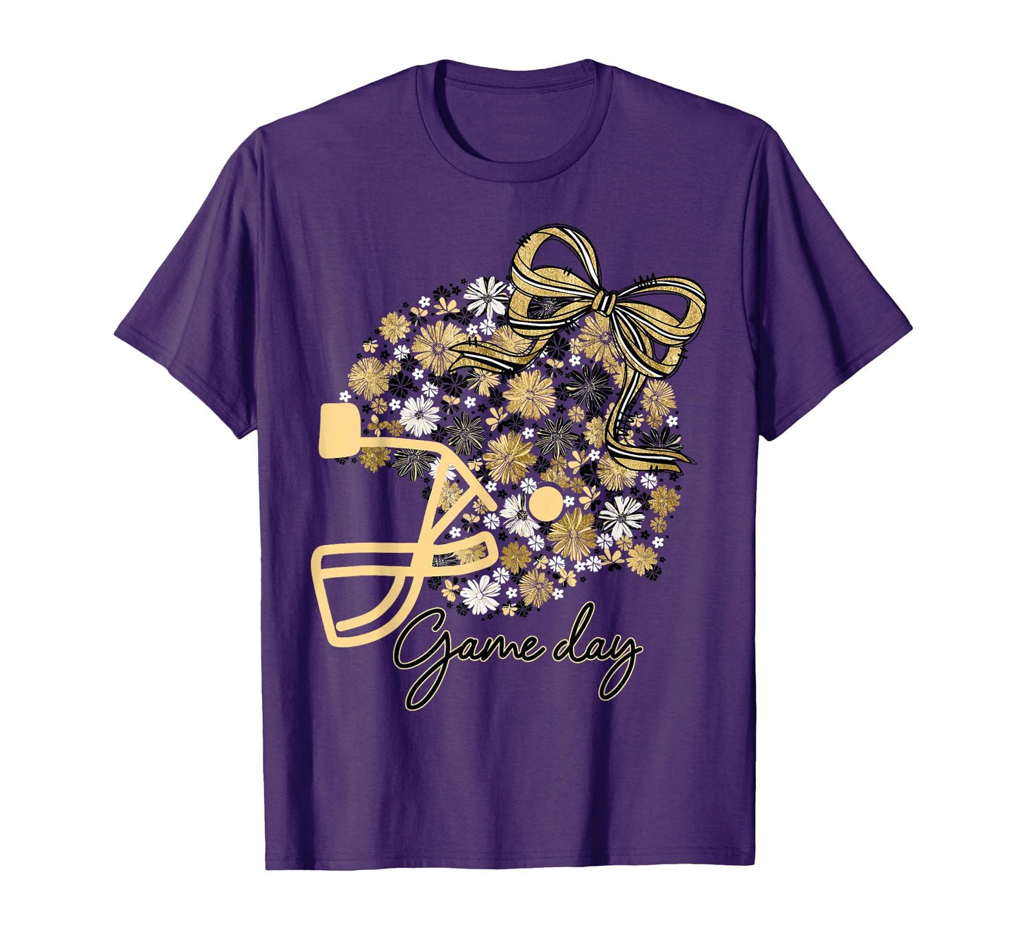 Floral Football Game Day Girly Bow Team Spirit Black & Gold T-Shirt