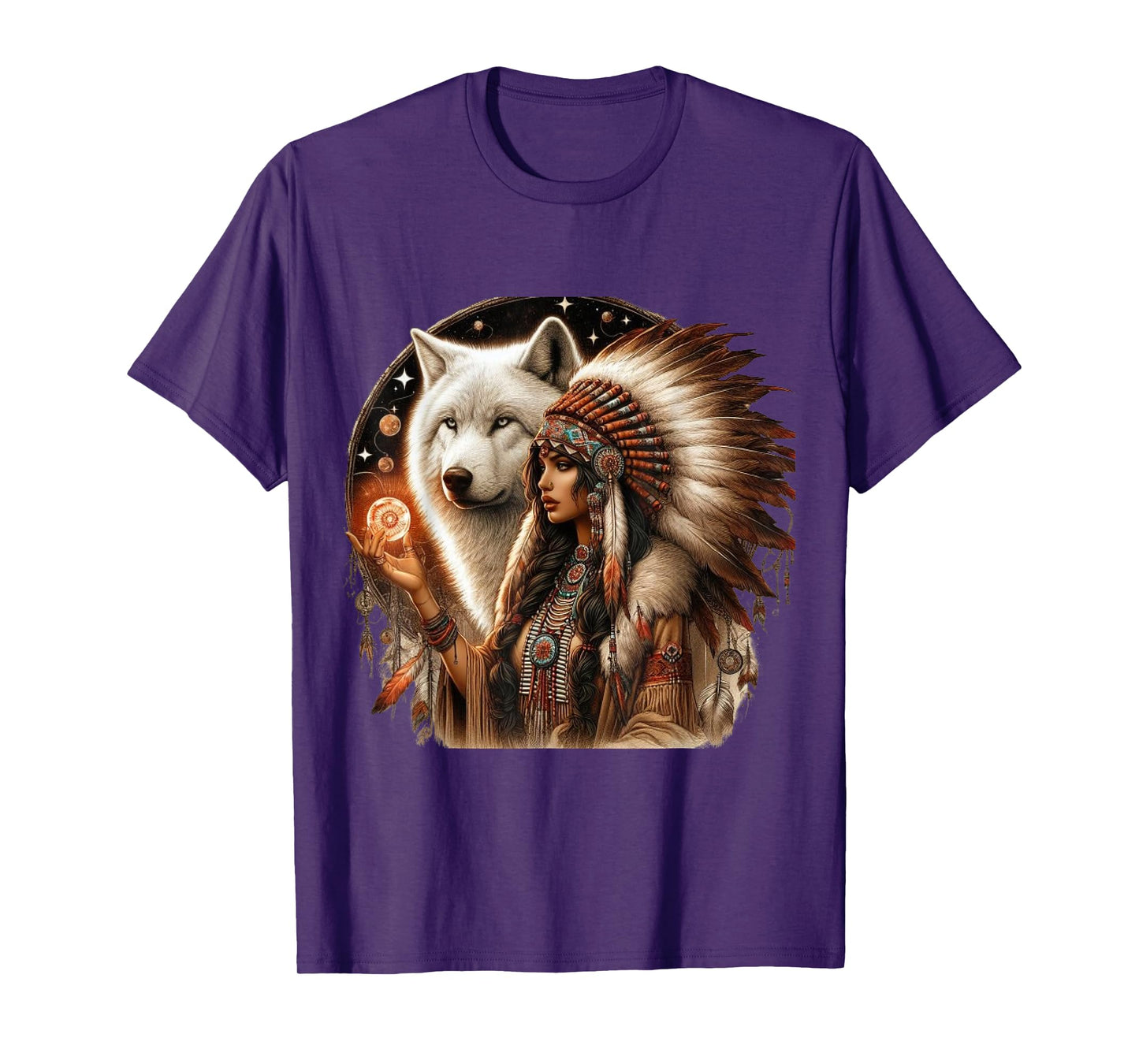 Indian Native American Woman With White Wolf Vitage Gifts T-Shirt