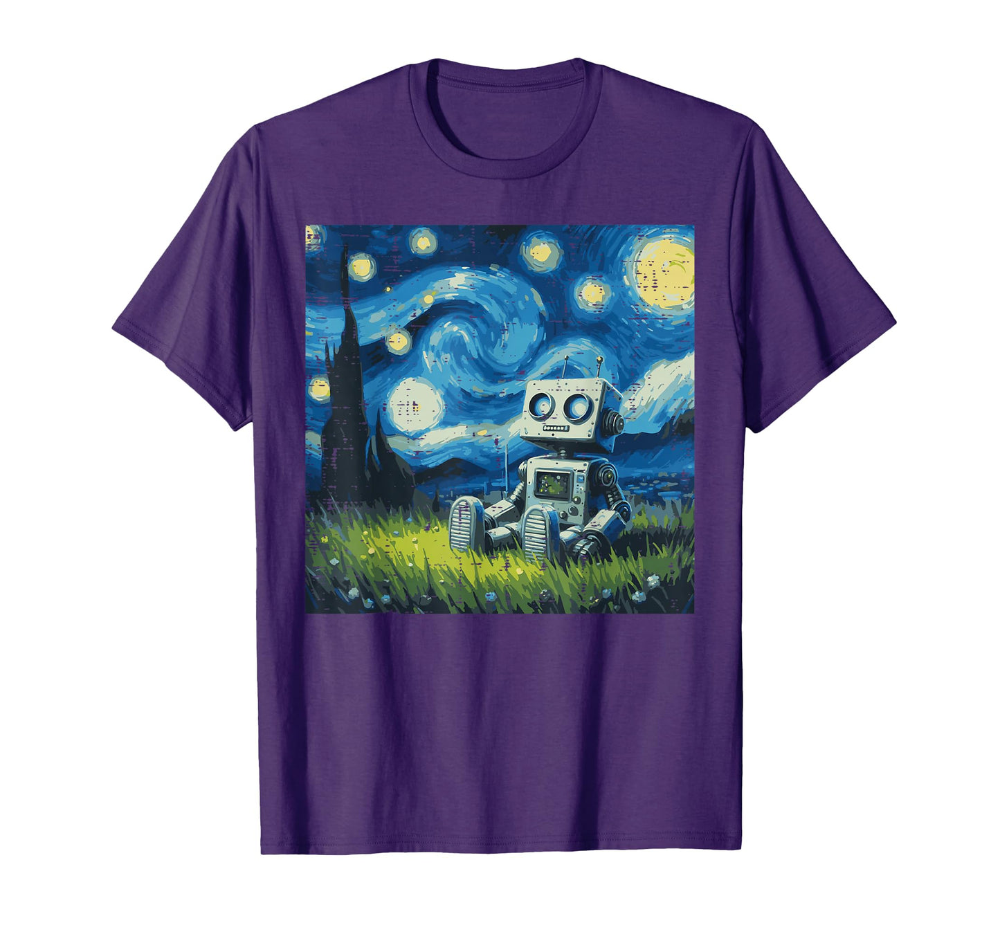 Starry Night Robot Funny Painting Art Meme Kids Men Women T-Shirt